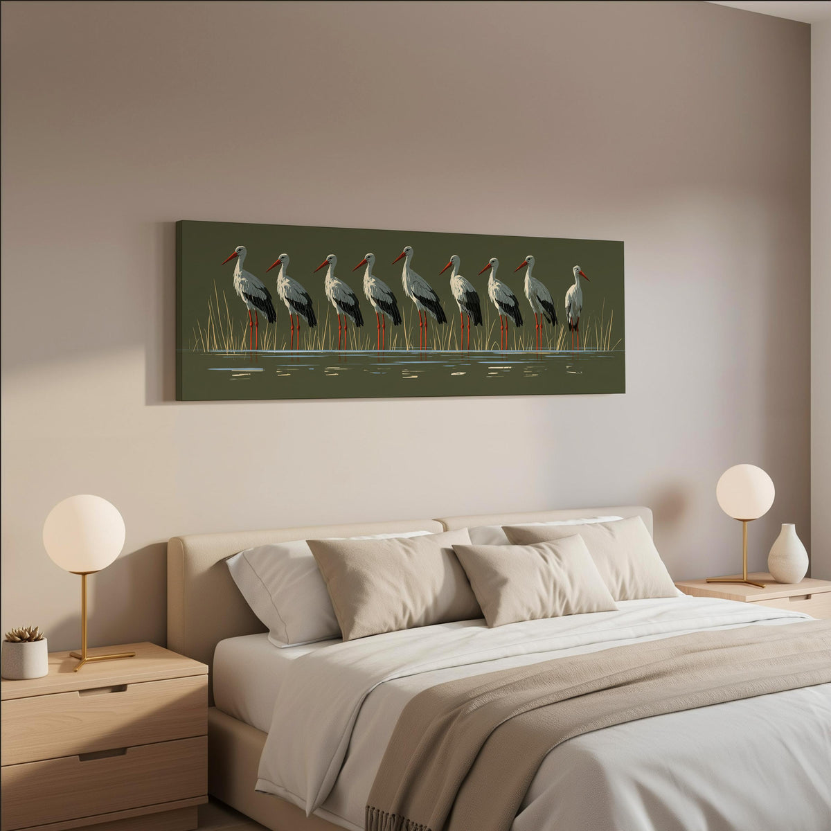 Flock of storks on olive green wide panoramic canvas print above a bed in a neutral bedroom