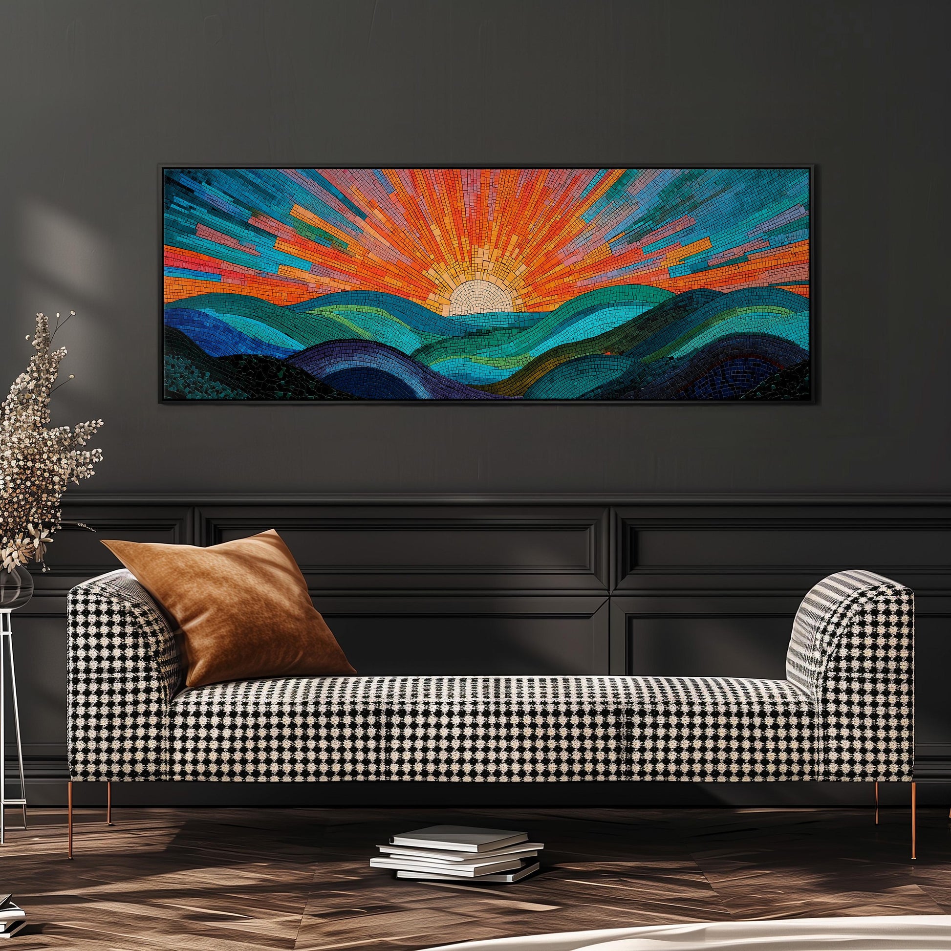 a large, colorful painting of a sunrise over a mountain landscape, hanging on a wall above a black and white checkered sofa.
