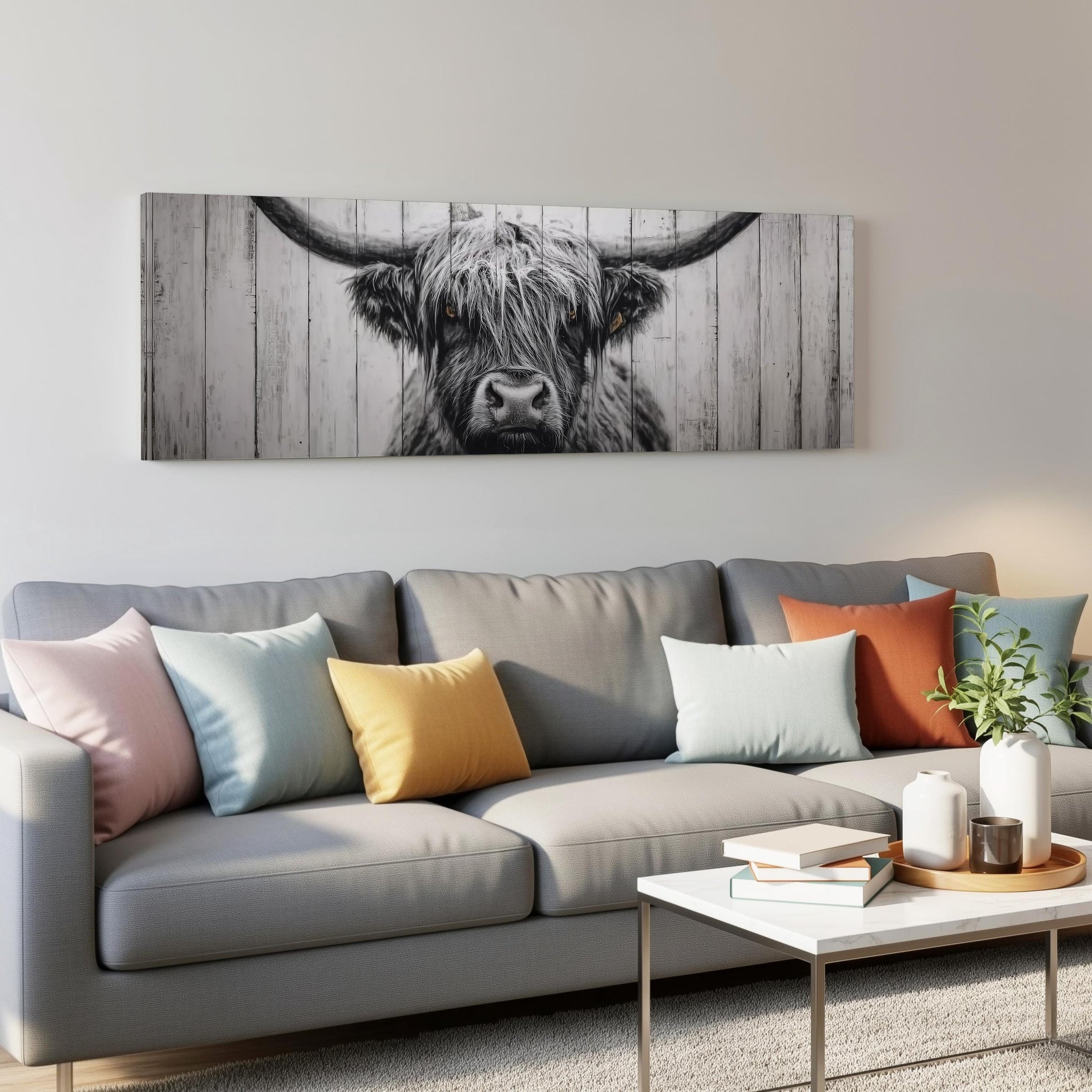 a gray couch with colorful throw pillows, a coffee table, and a large wall art print of a cow's head with long horns.
