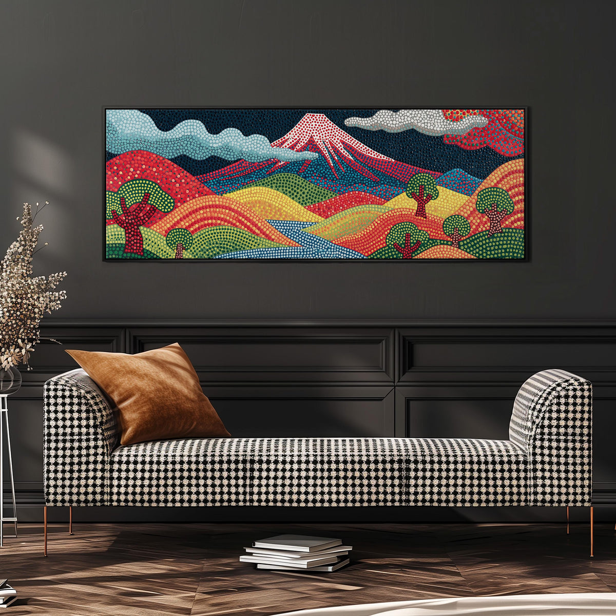 Mount Fuji above rainbow dotted hills wide panoramic canvas print above a bench in a dark living room