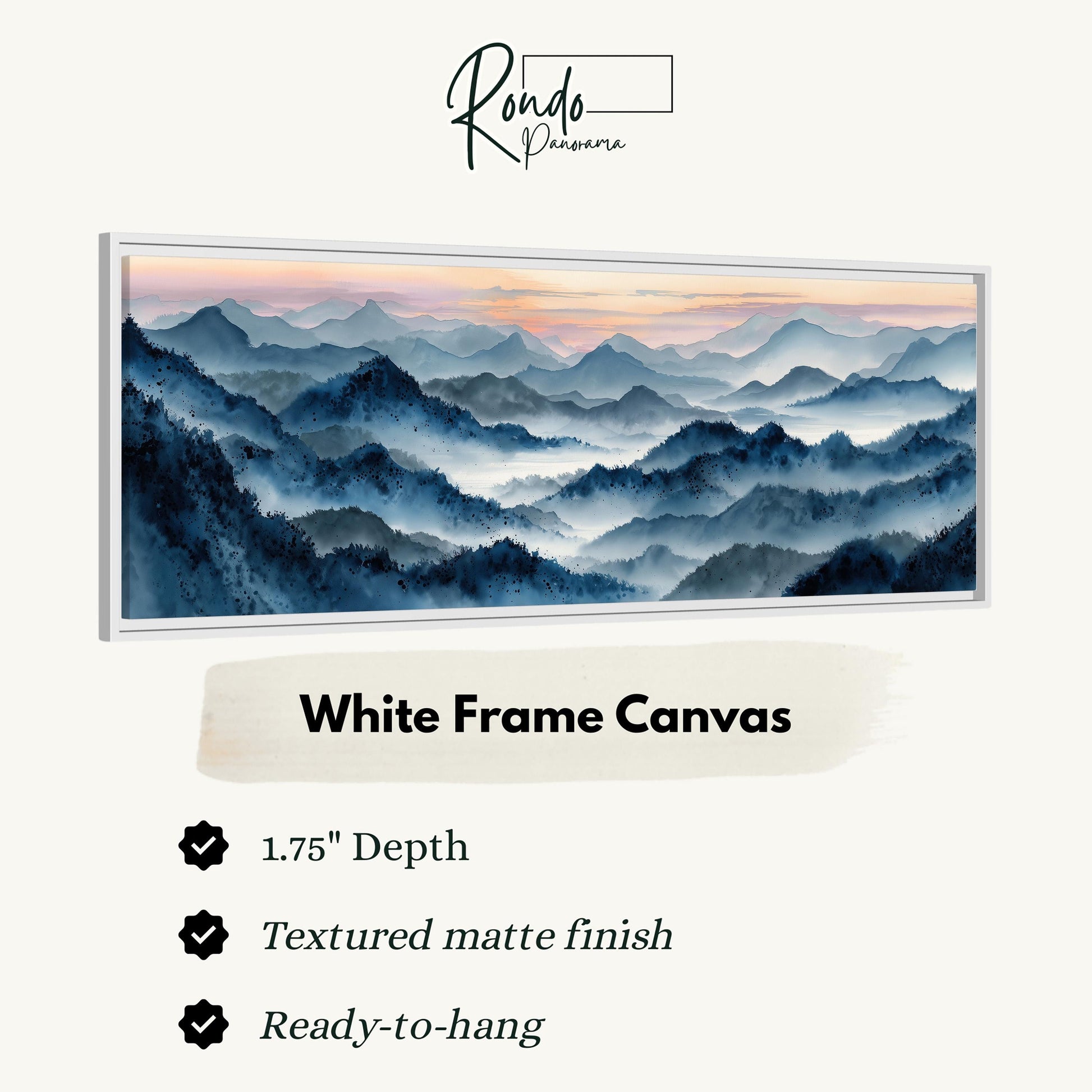 The image is a white frame canvas depicting a mountainous landscape with a hazy, misty atmosphere.