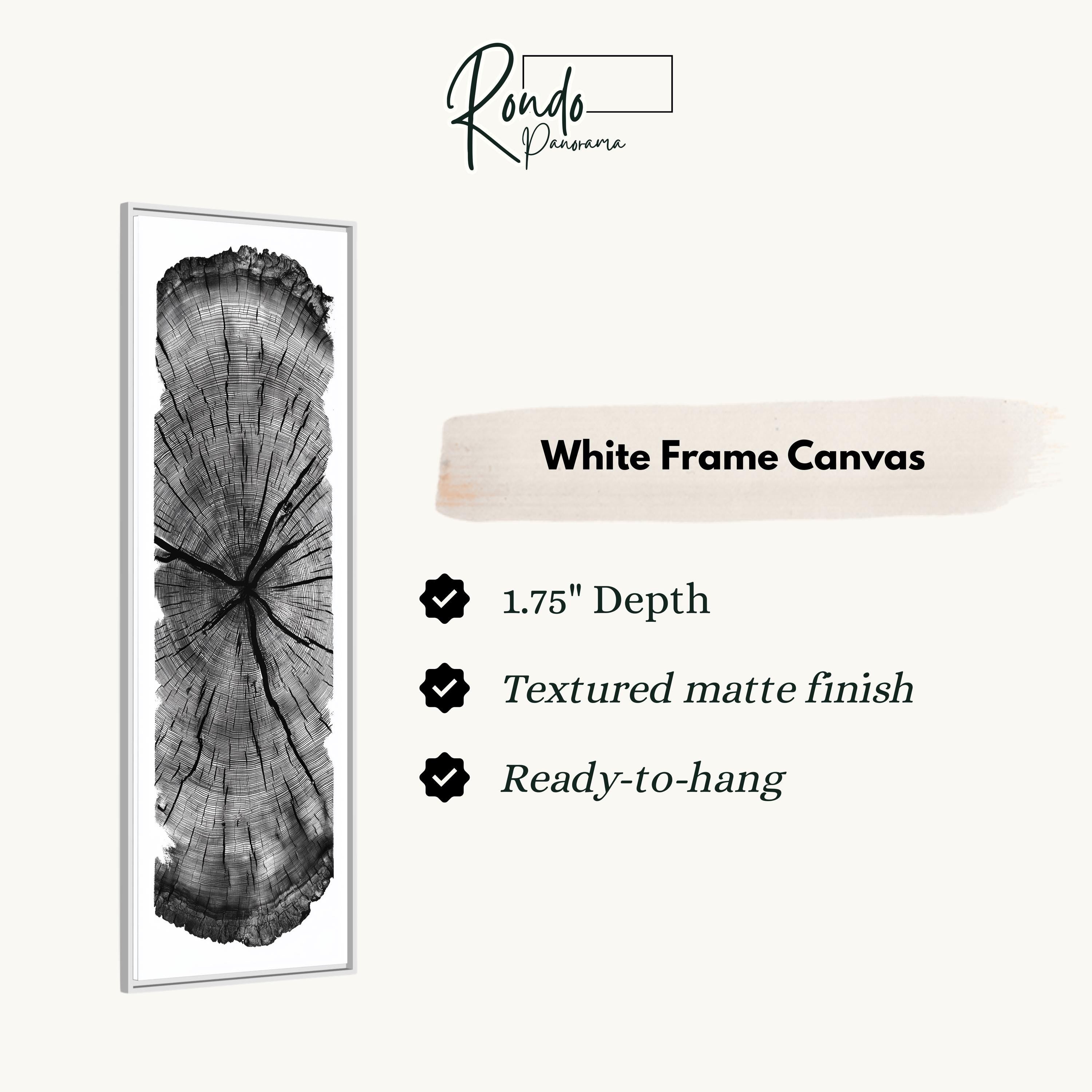 The image is a white frame canvas with a black and white tree trunk image.