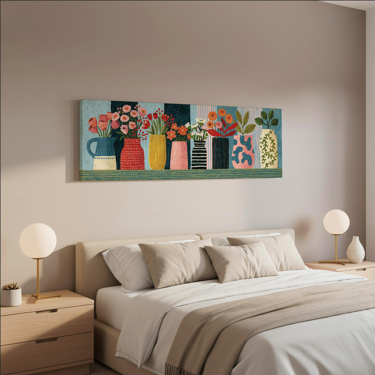 Row of folk art flower vases wide panoramic canvas print above a bed in a neutral bedroom