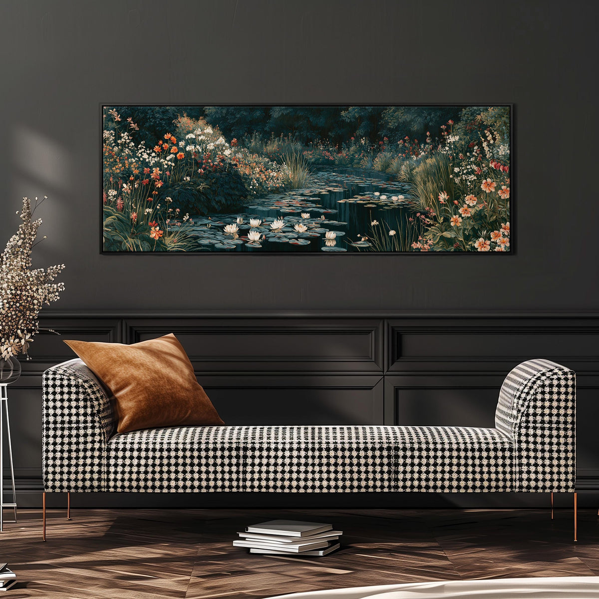 Lily pond surrounded by wildflowers wide panoramic canvas print above a bench in a dark living room