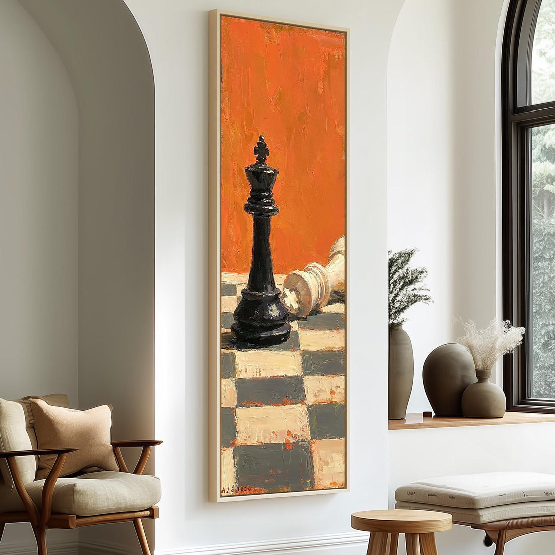 Black chess king standing over a fallen piece long vertical canvas print in a sunlit living space