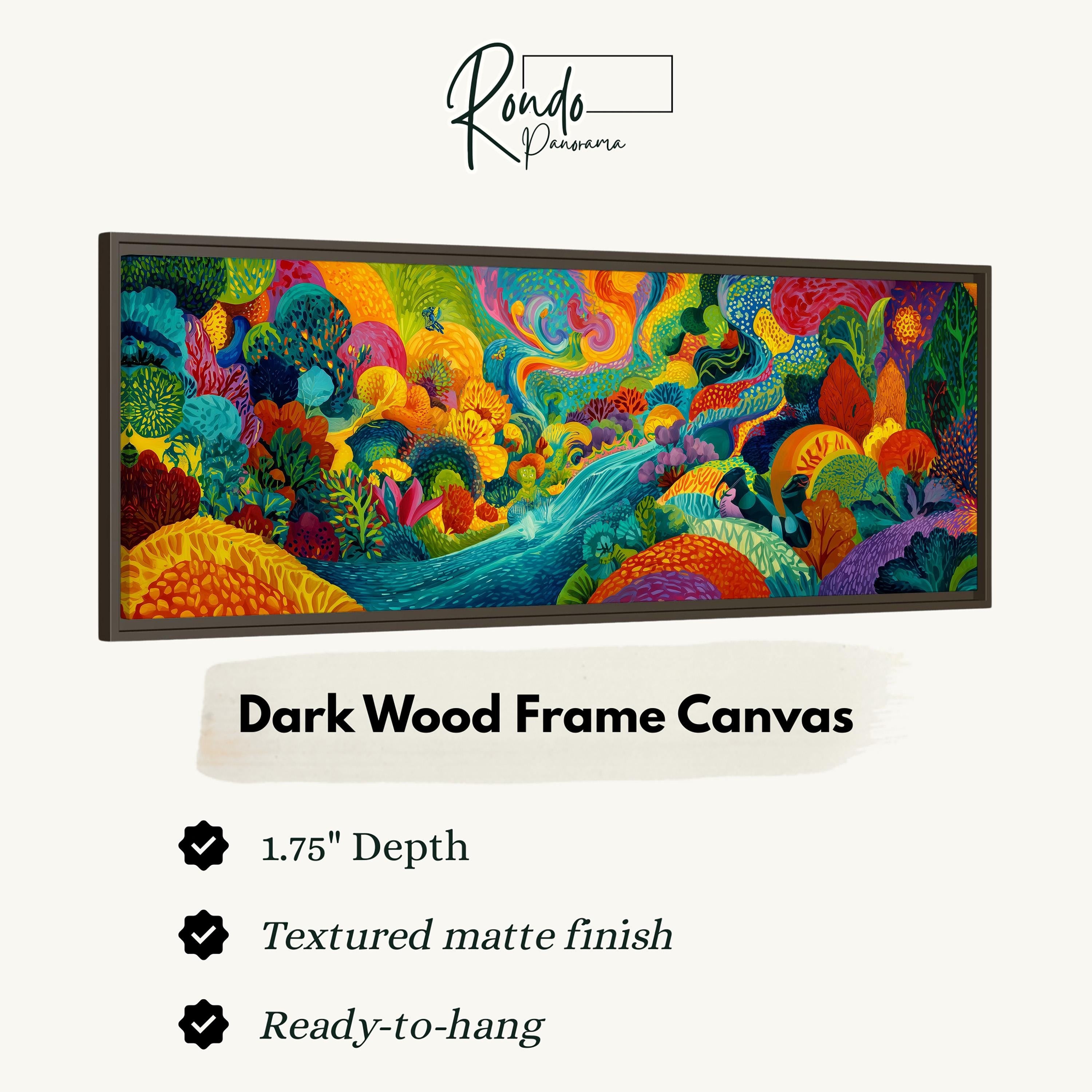 The image is a vibrant, colorful painting of a lush, tropical landscape, featuring a variety of flora and fauna. The painting is framed in a dark wood frame, which complements the vivid colors and intricate details of the artwork. The frame is described as having a 1.75" depth, a textured matte finish, and is ready to hang.