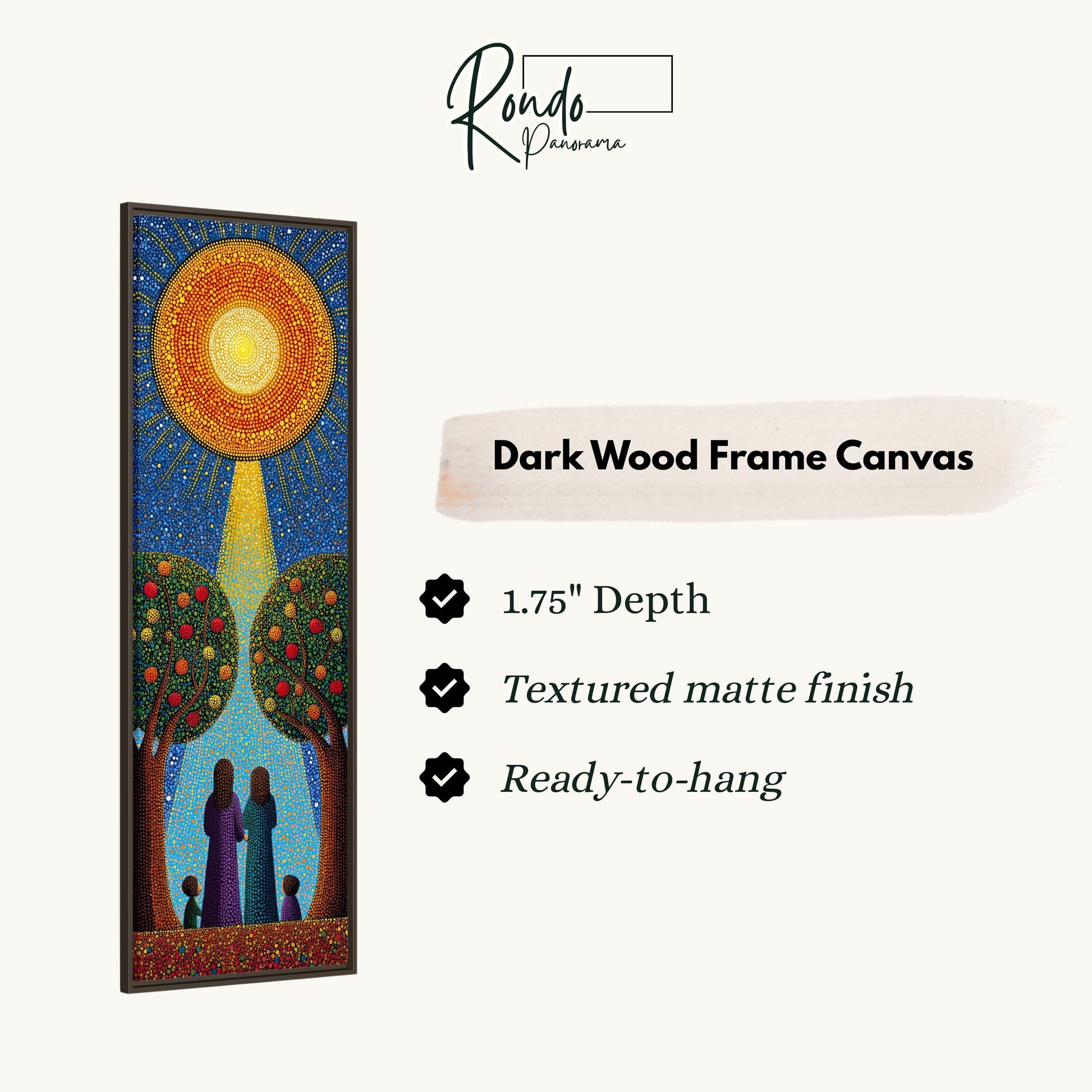 The image is a dark wood frame canvas depicting a family of three standing under a tree with a sun shining above them.