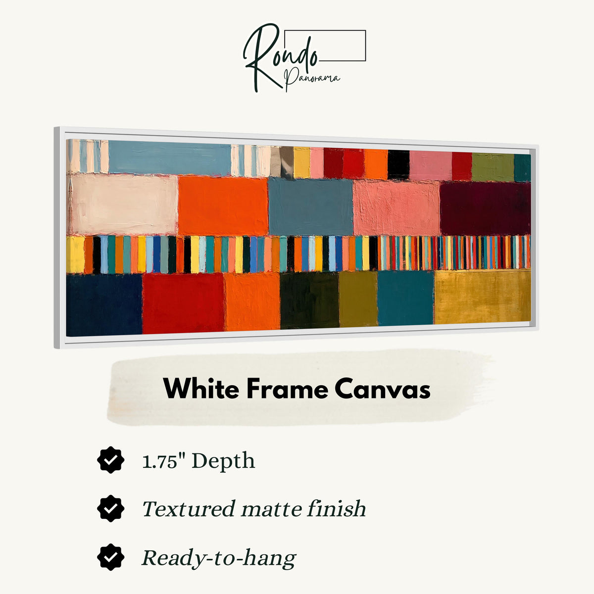 Rainbow patchwork color bands canvas print in a white floating frame