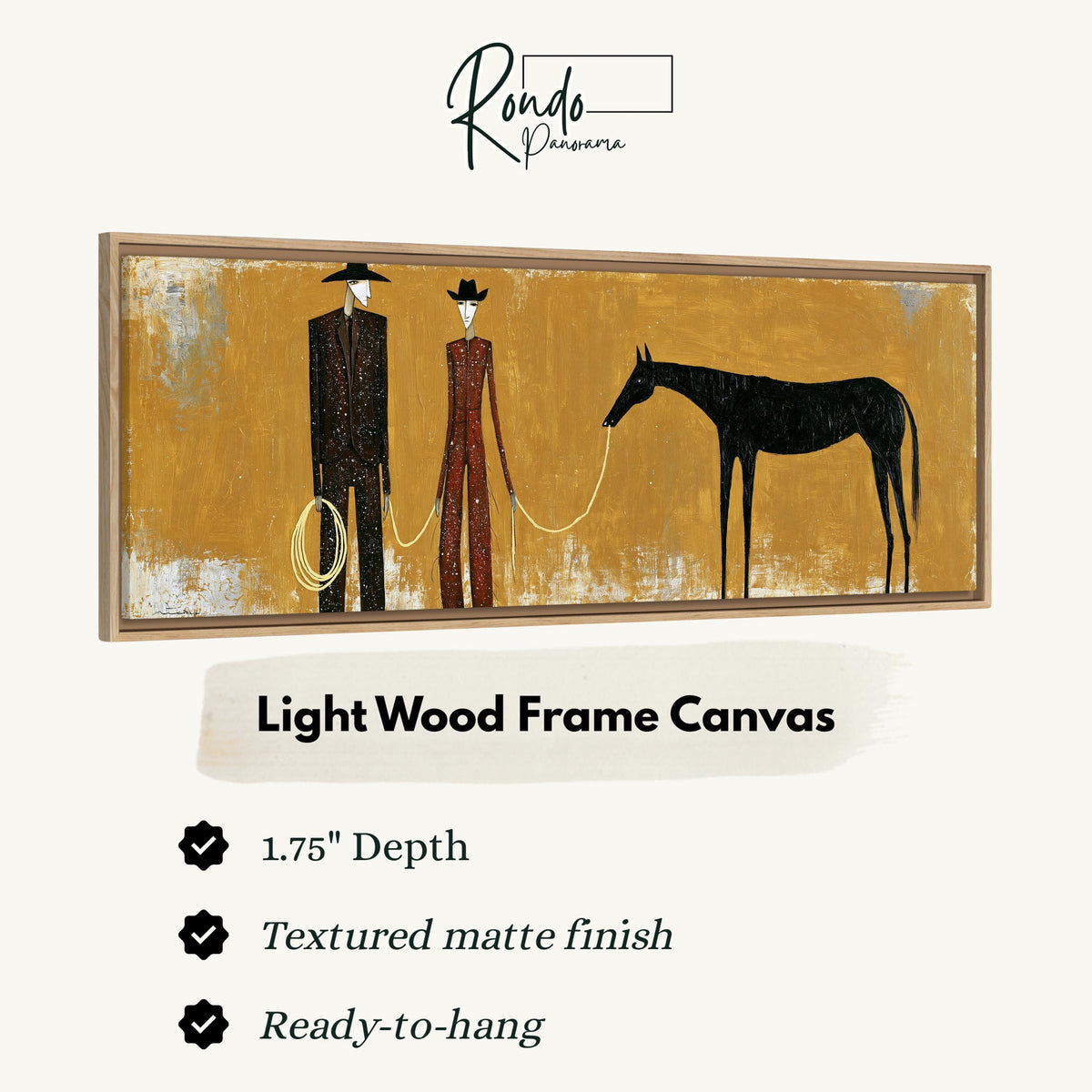 Two cowboys with a dark horse on gold canvas print in a light wood floating frame