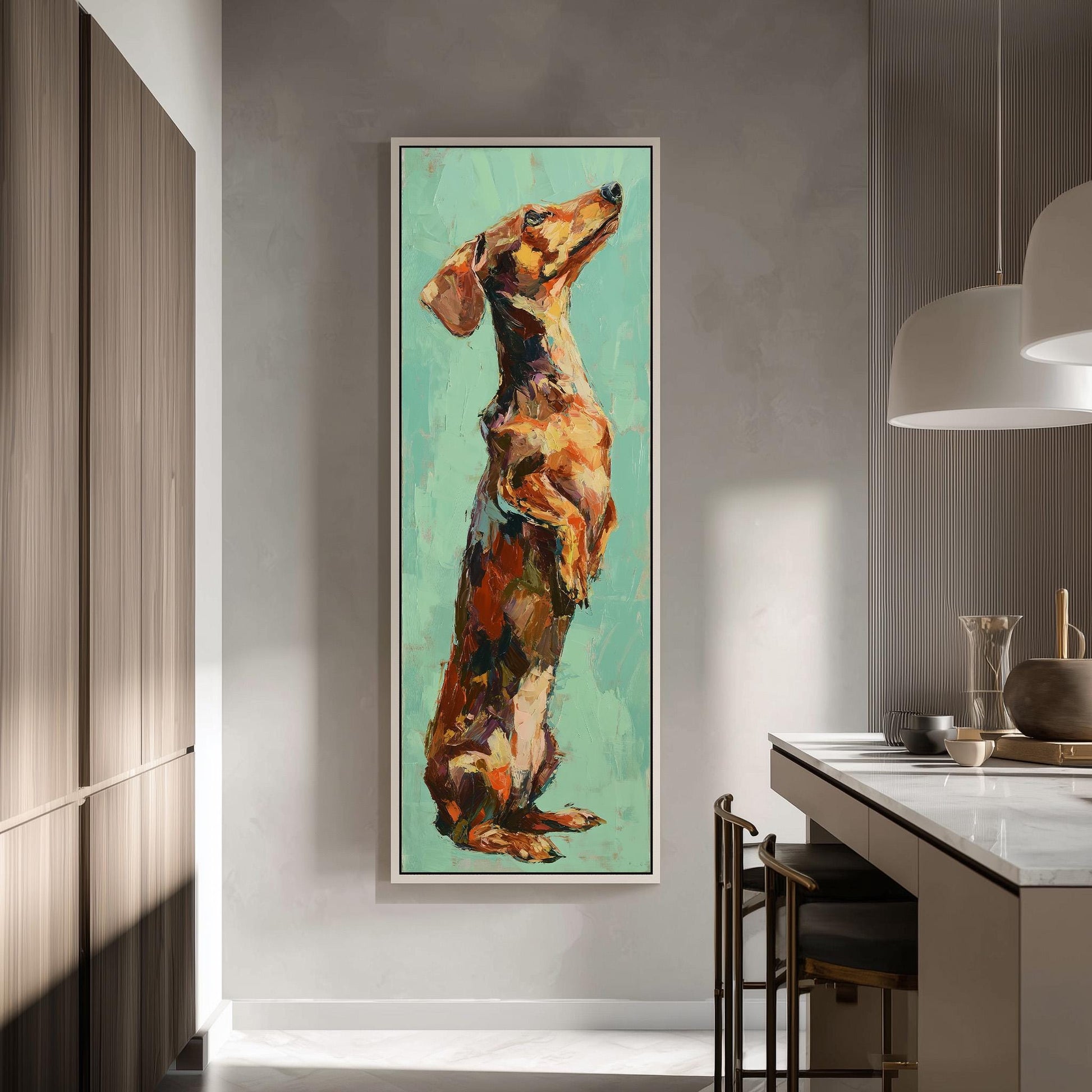 a large, colorful painting of a dachshund dog on a wall in a modern kitchen.