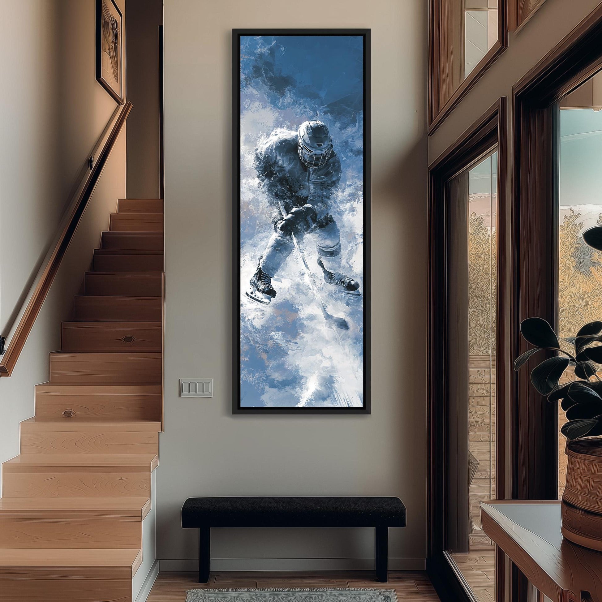a large framed painting of a person skiing on a snowy mountain, hanging on the wall of a hallway.