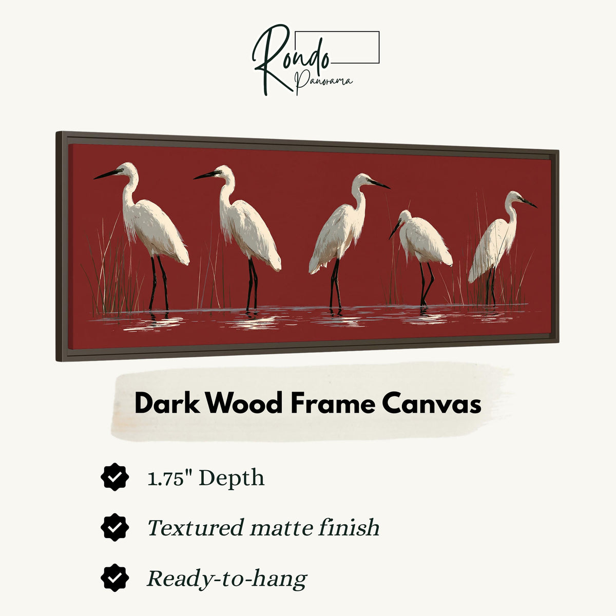 White egrets wading on crimson red canvas print in a dark wood floating frame