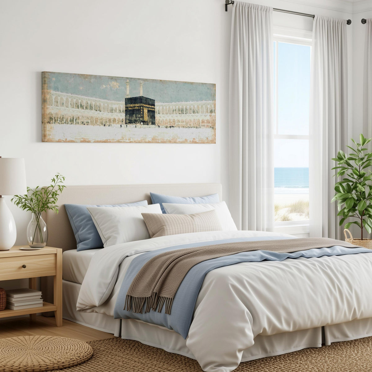 The Kaaba in the Grand Mosque courtyard panoramic canvas print above a bed in a coastal bedroom