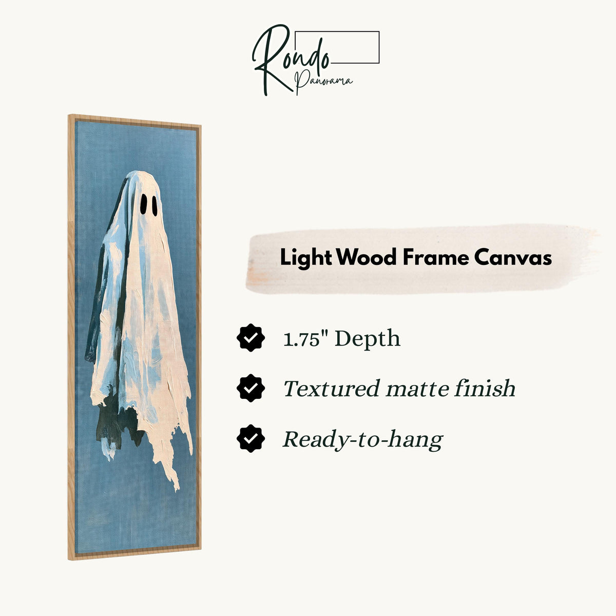 Folk art ghost on blue canvas print in a light wood floating frame