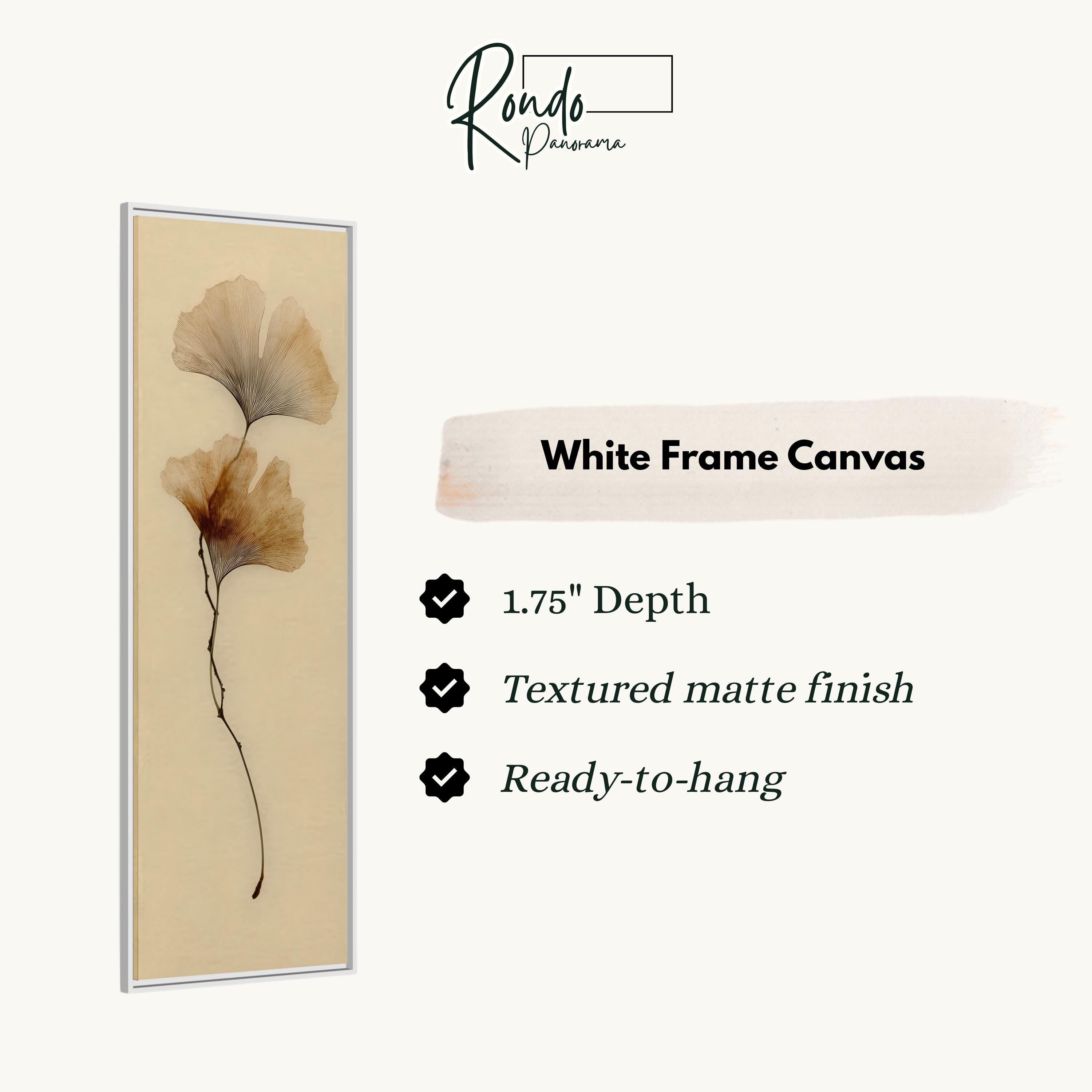 The image is a white frame canvas with a single brown leaf on it.
