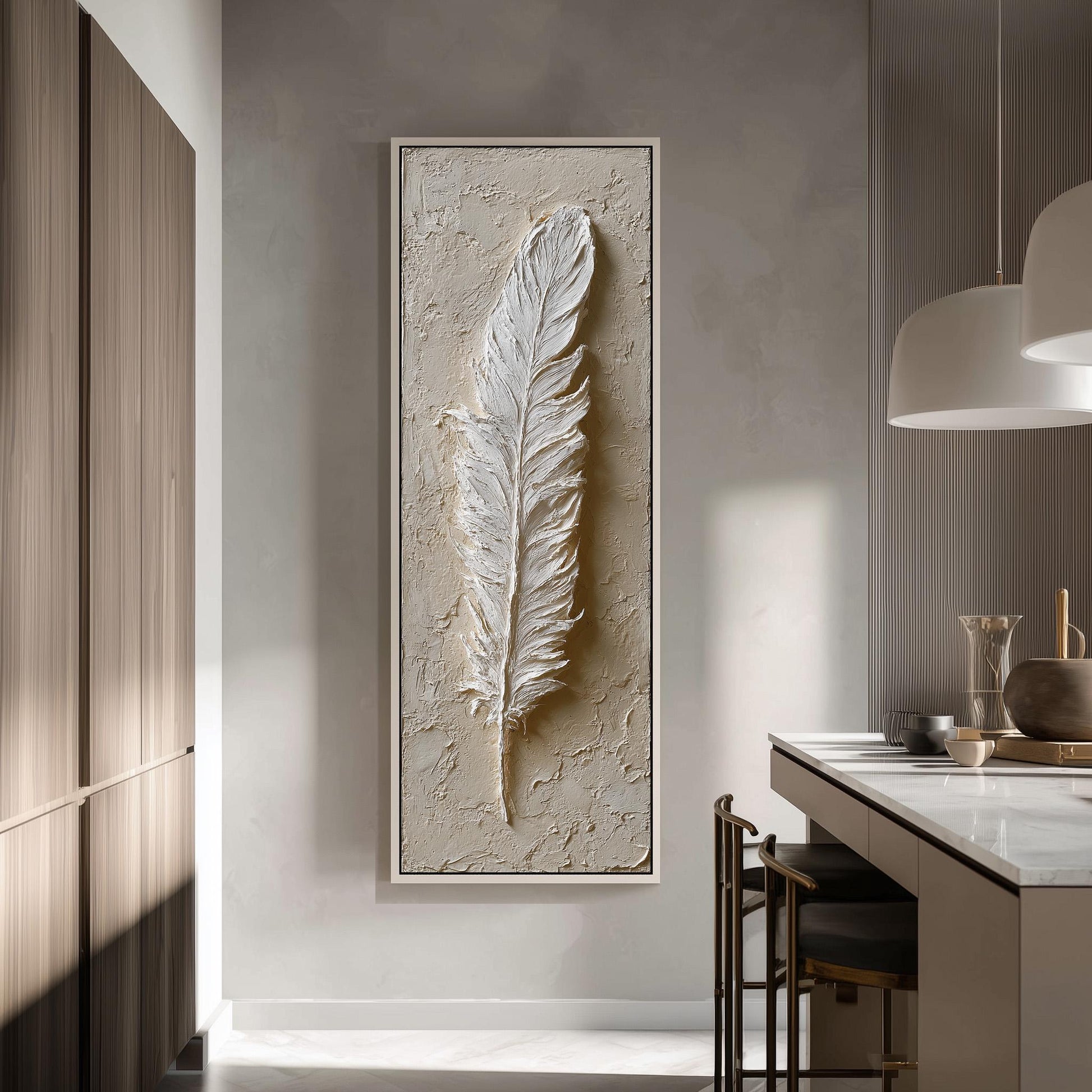 a large, ornate, and intricate feather sculpture mounted on a wall in a modern, minimalist kitchen setting.
