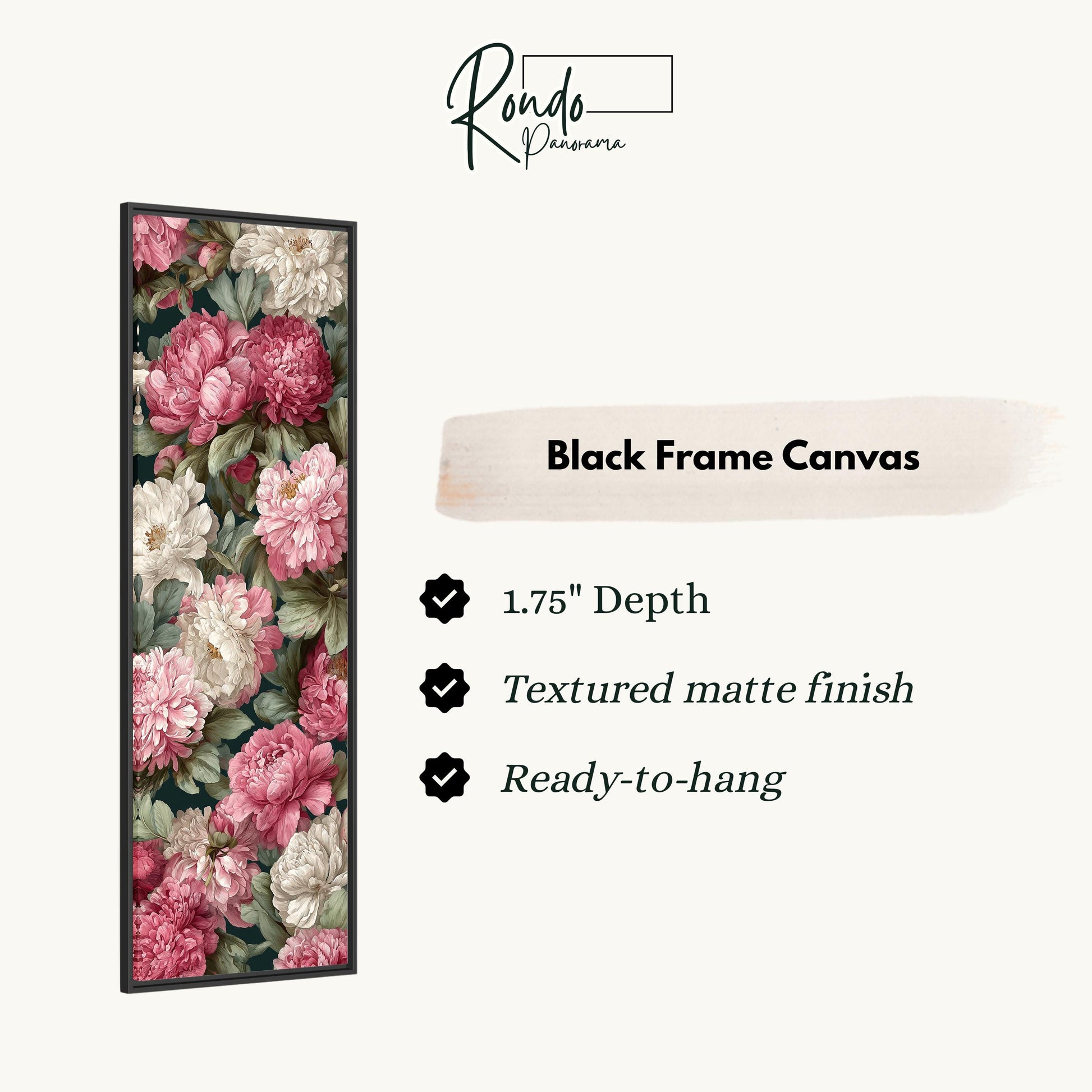 a black frame canvas with a floral design of pink and white flowers. The canvas has a 1.75" depth and is textured with a matte finish, making it ready to hang.