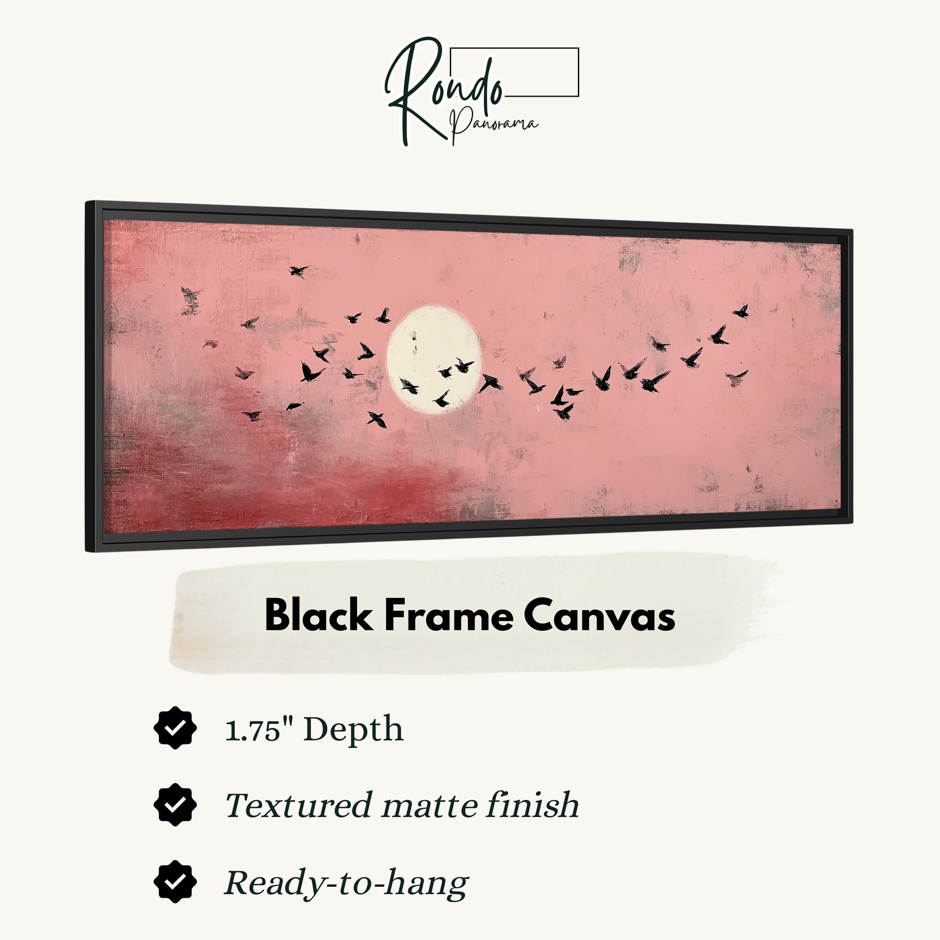 The image is a black frame canvas depicting a flock of birds flying in the sky with a full moon in the background.