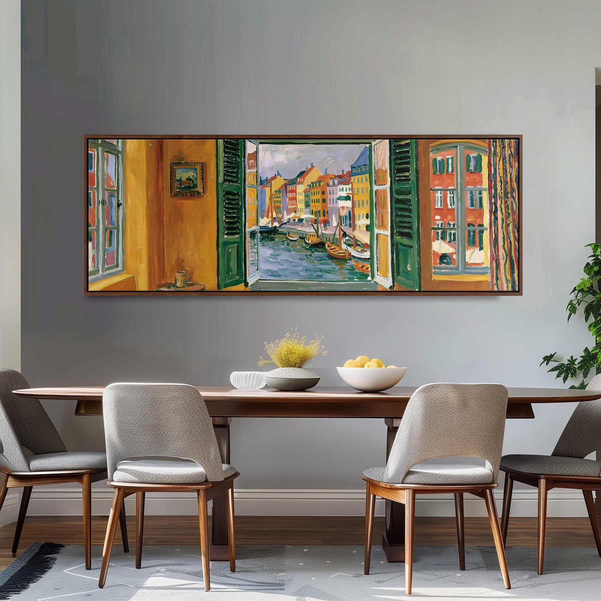 Copenhagen's colorful canal through a window long horizontal canvas print above a dining table
