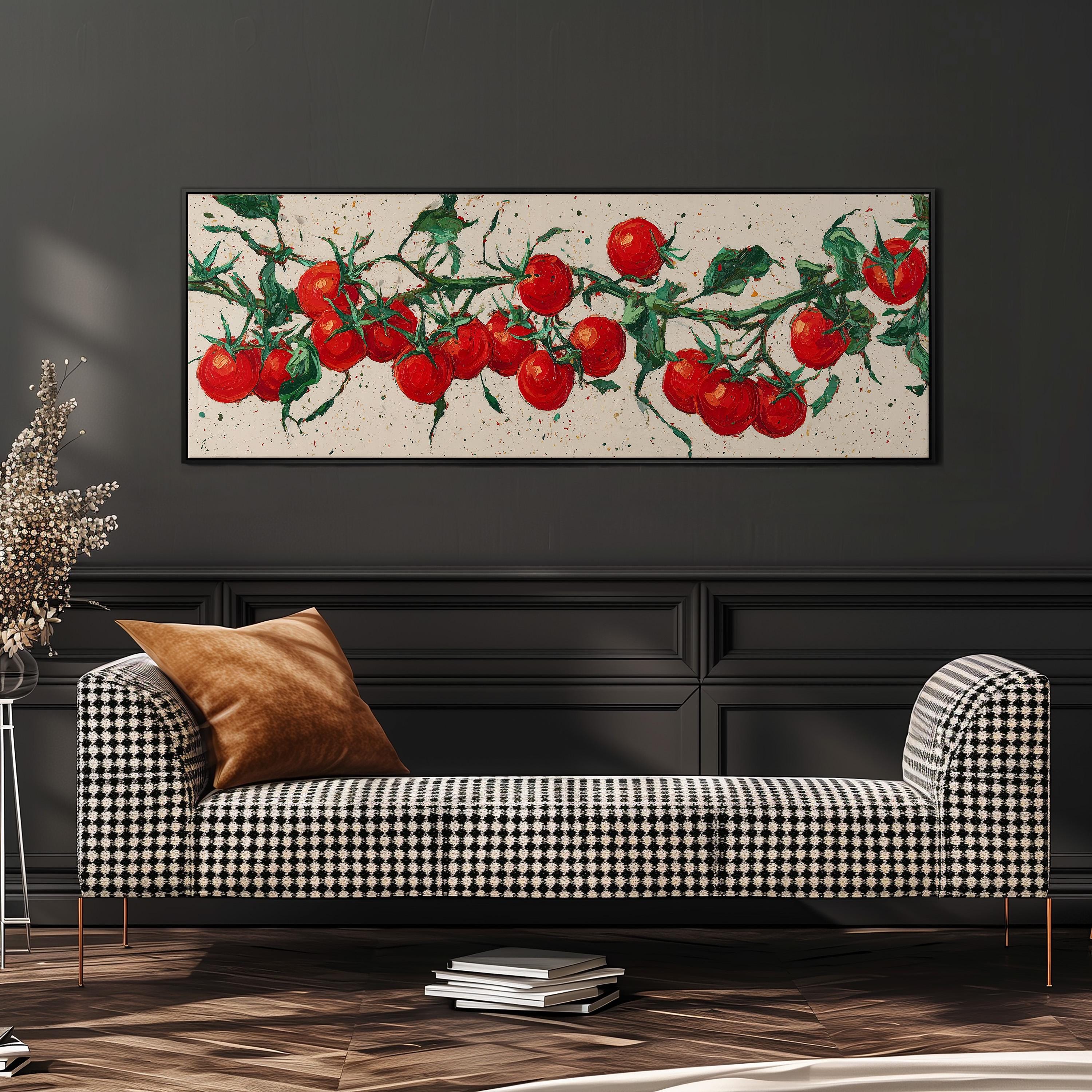 a black and white checkered sofa with a brown throw pillow, set against a dark wall with a framed painting of red tomatoes hanging above it.