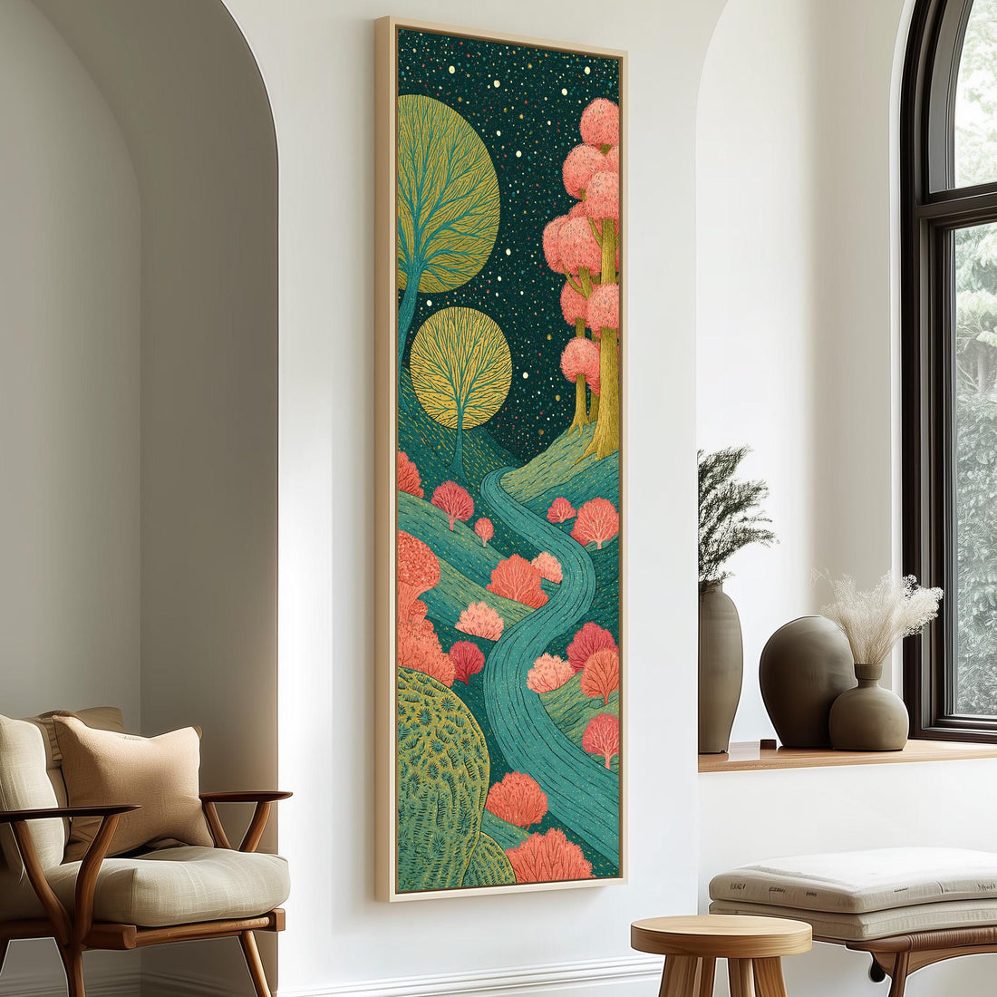 Moonlit path through blossom trees long vertical canvas print in a sunlit living space