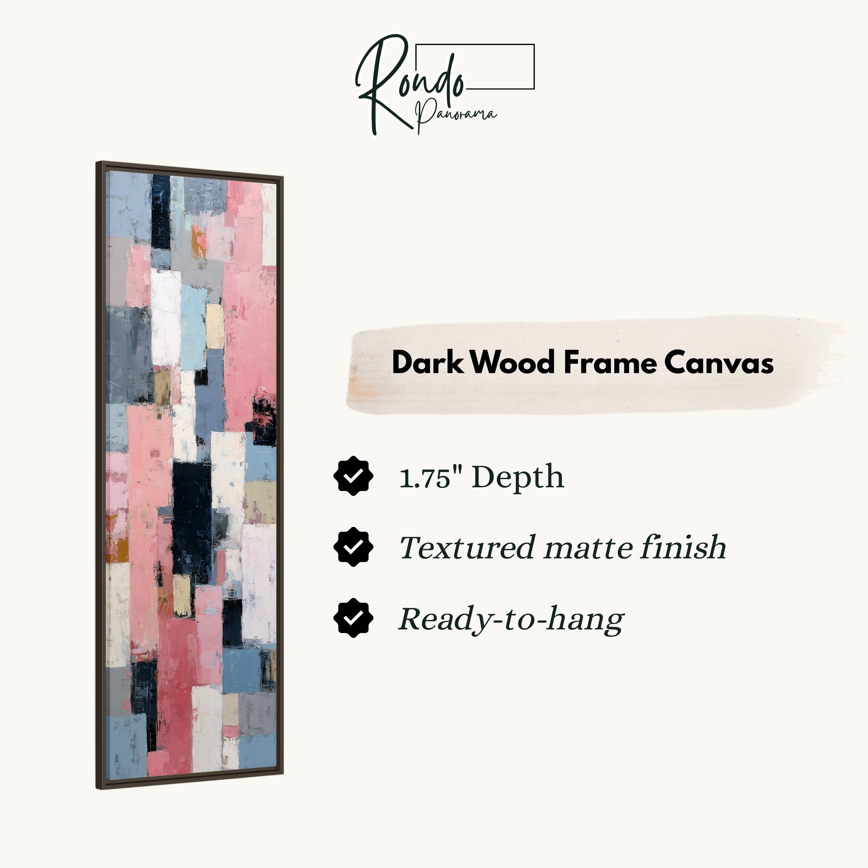 The image is a product description for a dark wood frame canvas. It features a painting with a 1.75" depth, a textured matte finish, and is ready to hang.