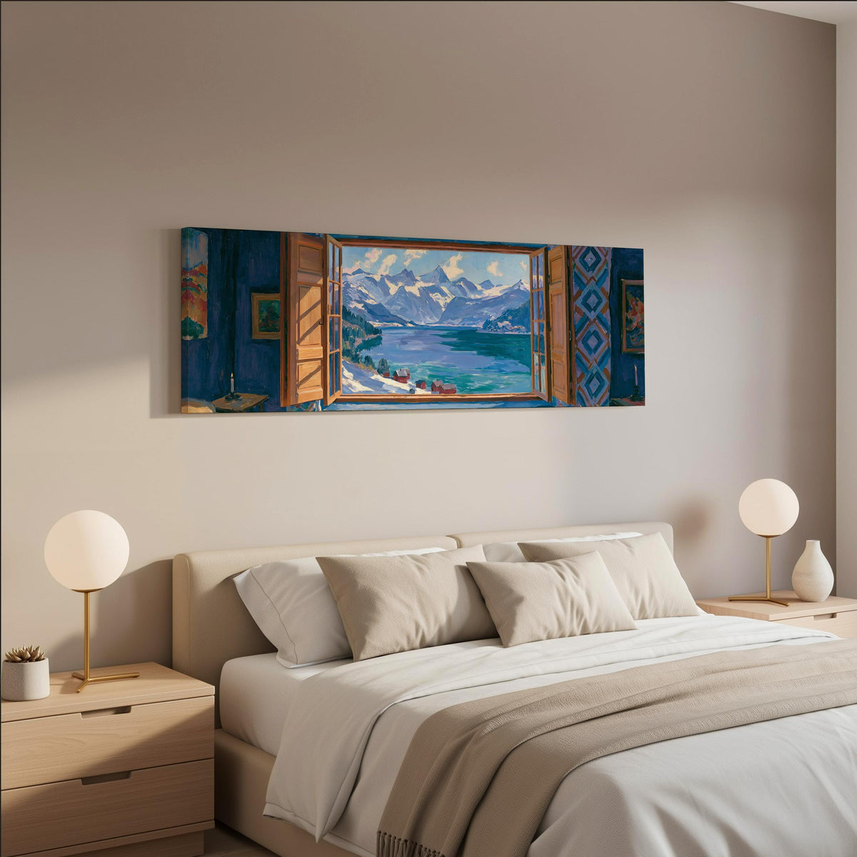 Snowy alpine lake seen through a window wide panoramic canvas print above a bed in a neutral bedroom