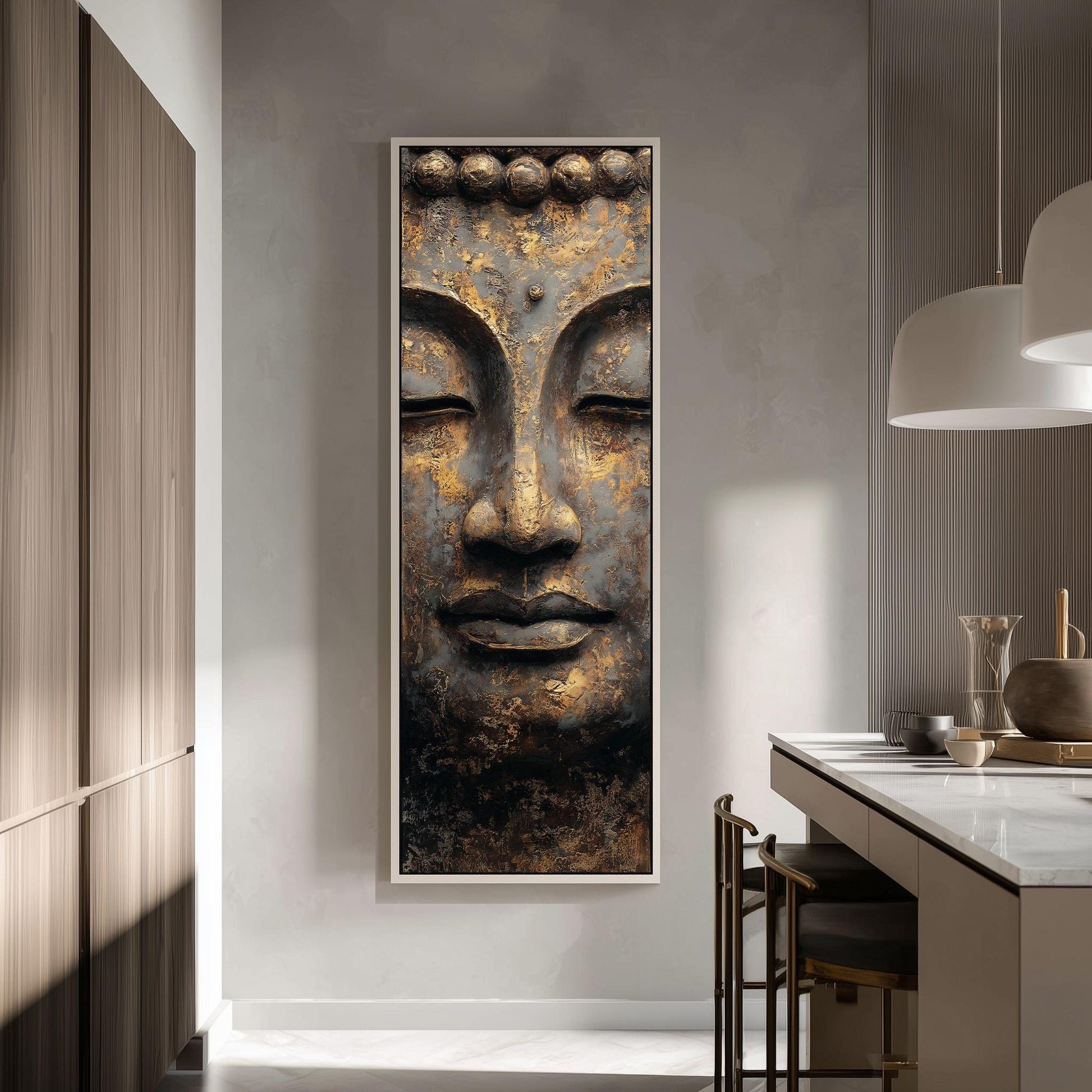 a large, ornate Buddha sculpture mounted on a wall in a modern, minimalist interior design.
