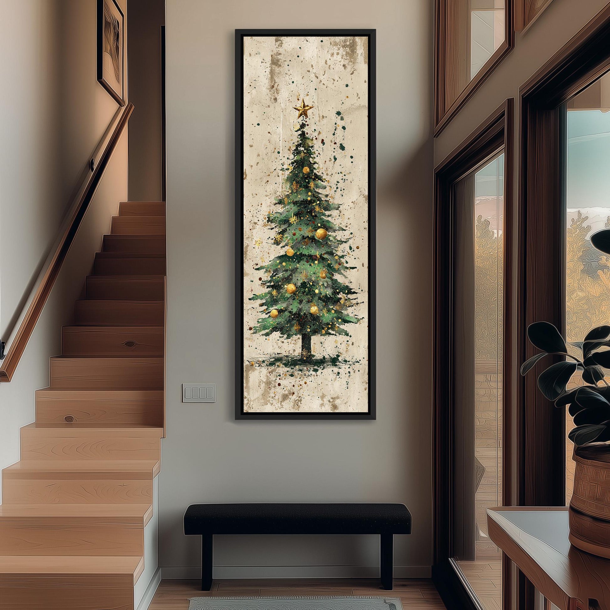 a large, framed painting of a Christmas tree hanging on the wall of a room with wooden stairs and a bench.