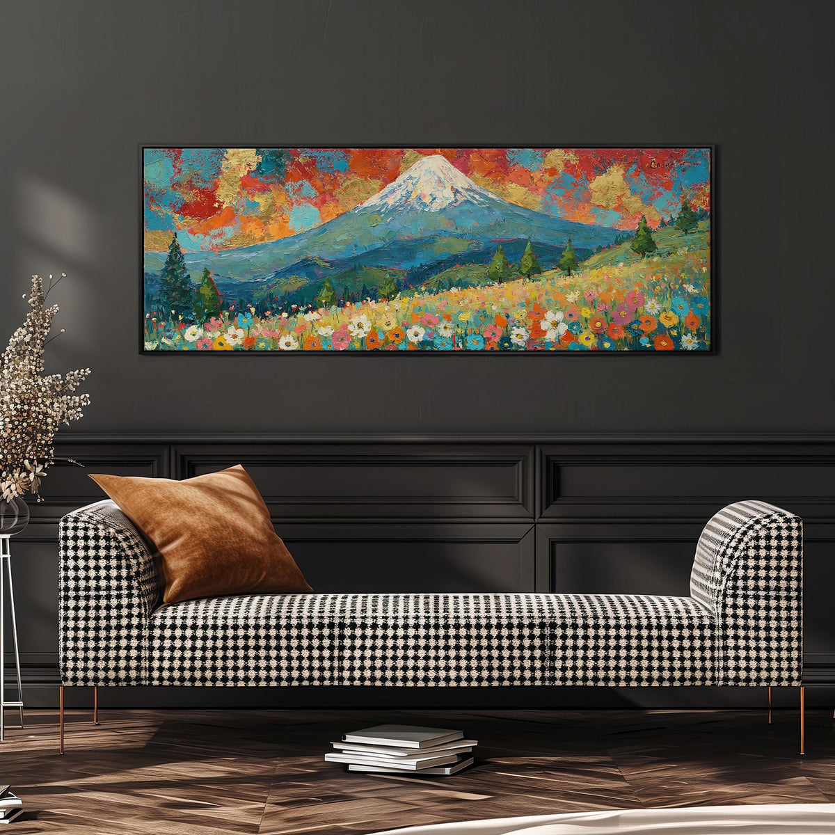 Mount Fuji under a red and gold sunset sky wide panoramic canvas print above a bench in a dark living room