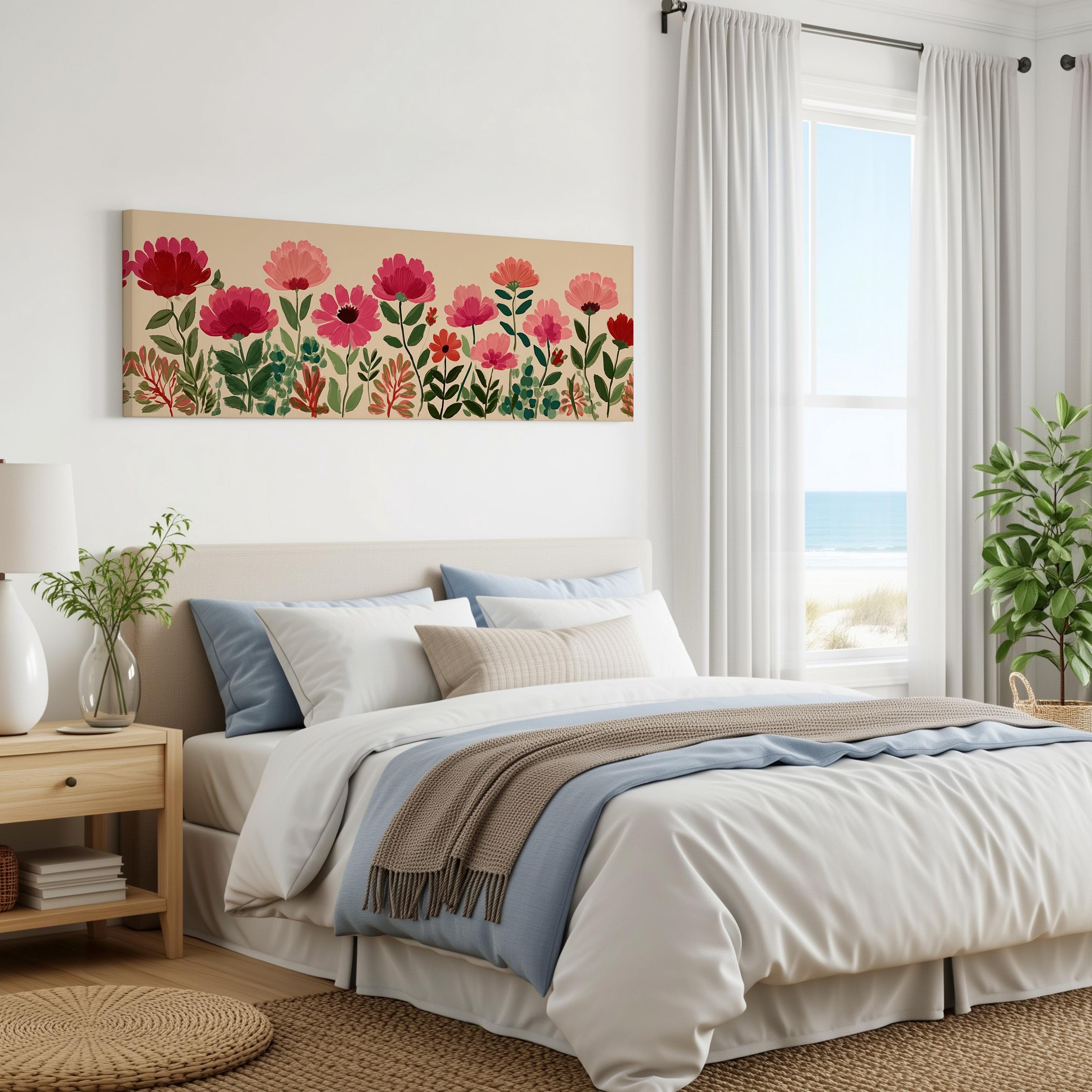 a serene bedroom with a large bed, a nightstand, and a painting of flowers on the wall. The room has a calming and peaceful atmosphere, with natural light coming in through the window and a view of the ocean.
