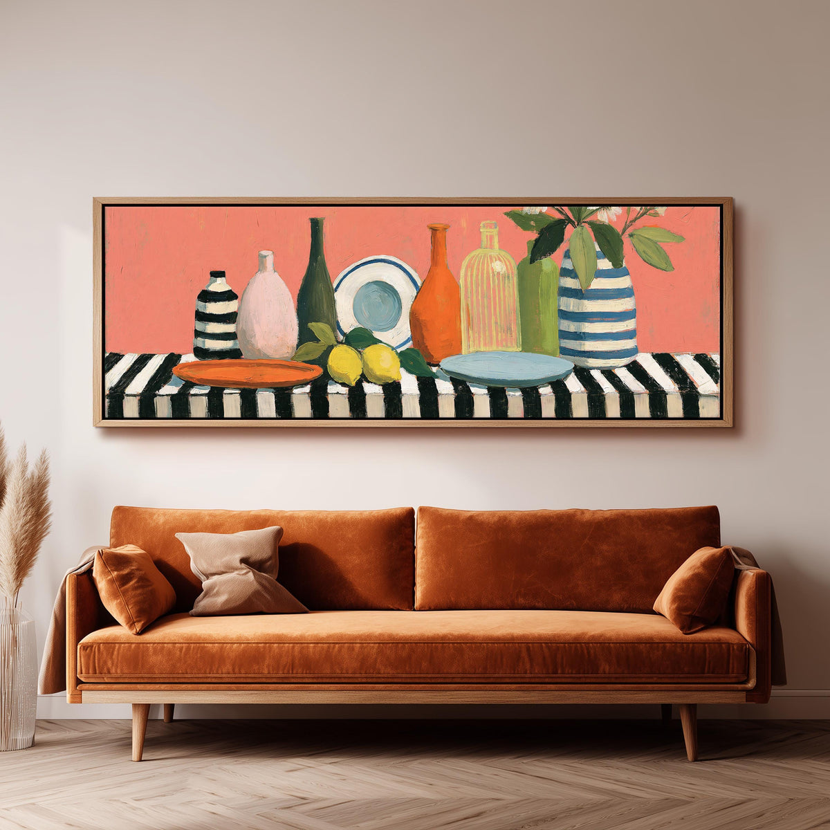 Bottles and lemons still life wide panoramic canvas print above a bench in a dark living room