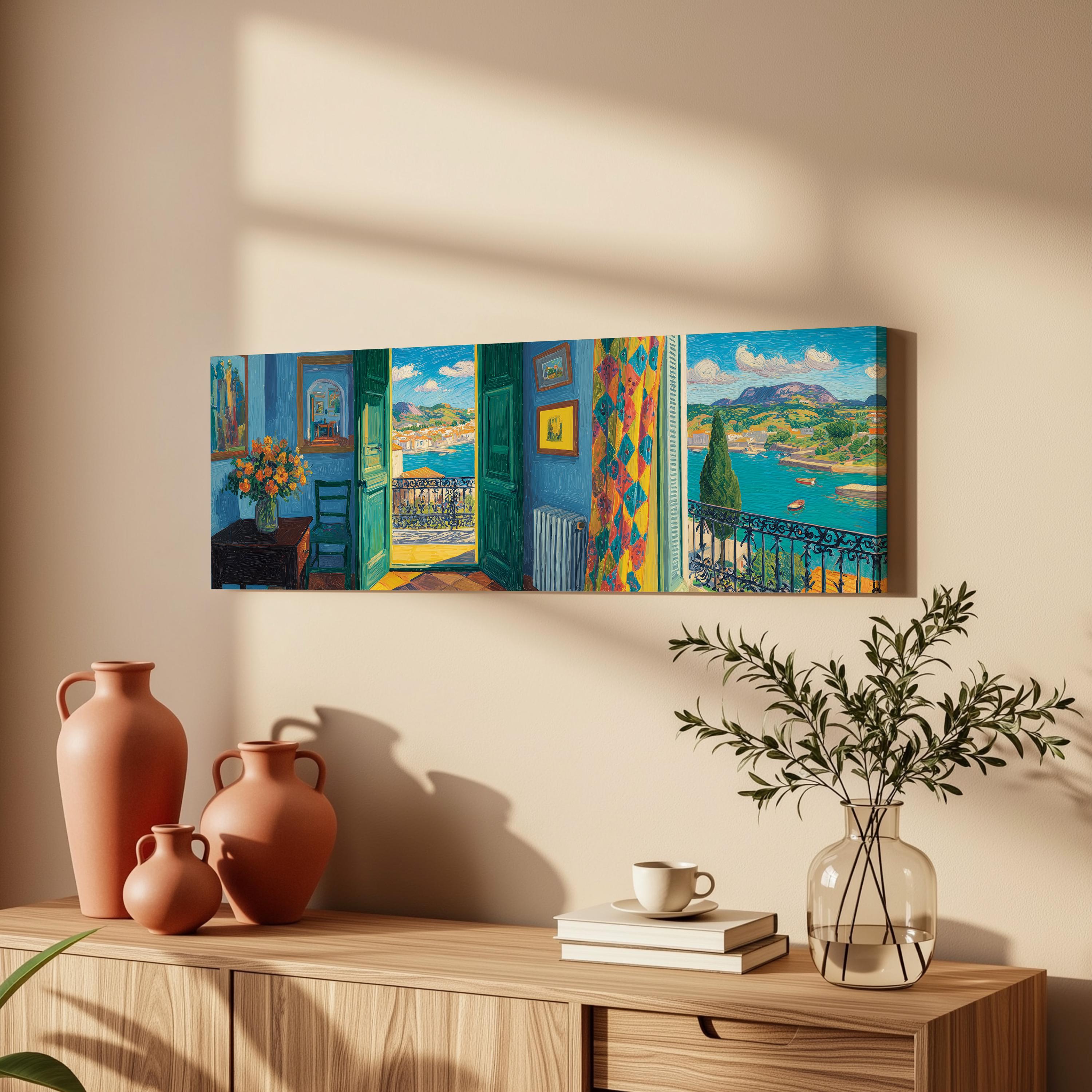 a wooden cabinet with a vase, a stack of books, and a potted plant, all set against a wall with a painting of a balcony overlooking a scenic landscape.