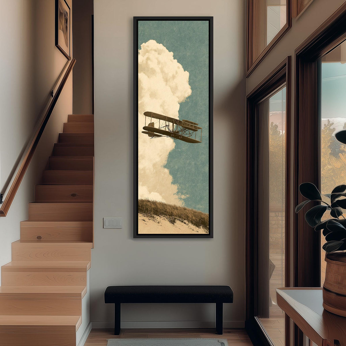 Vintage biplane flying past a tall cloud tall narrow canvas print beside a staircase in an entryway