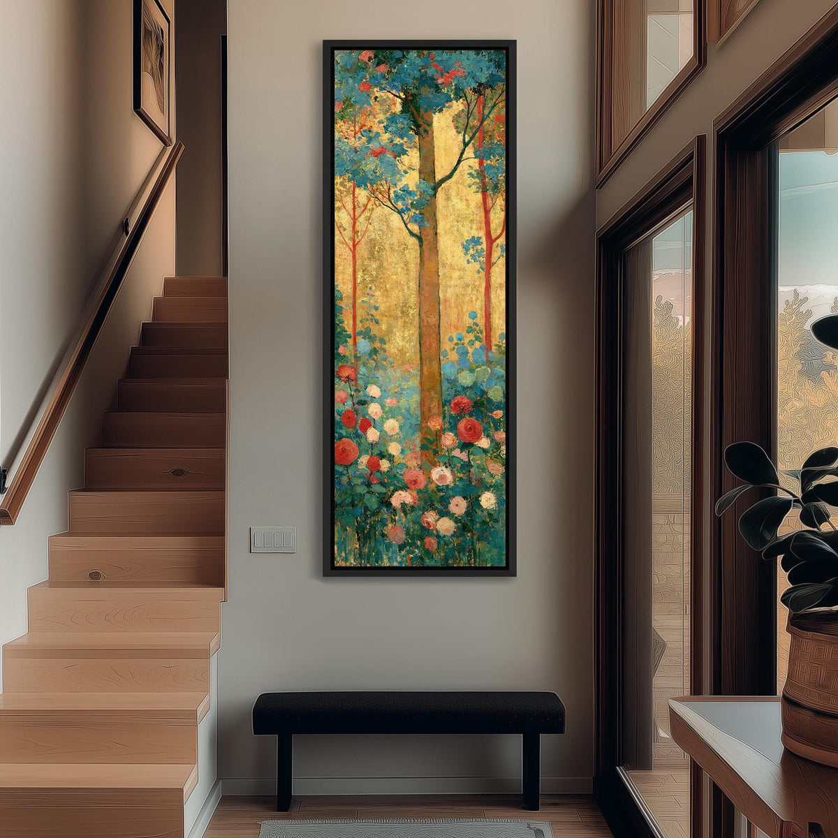 Golden tree with roses in an Art Nouveau style tall narrow canvas print beside a staircase in an entryway