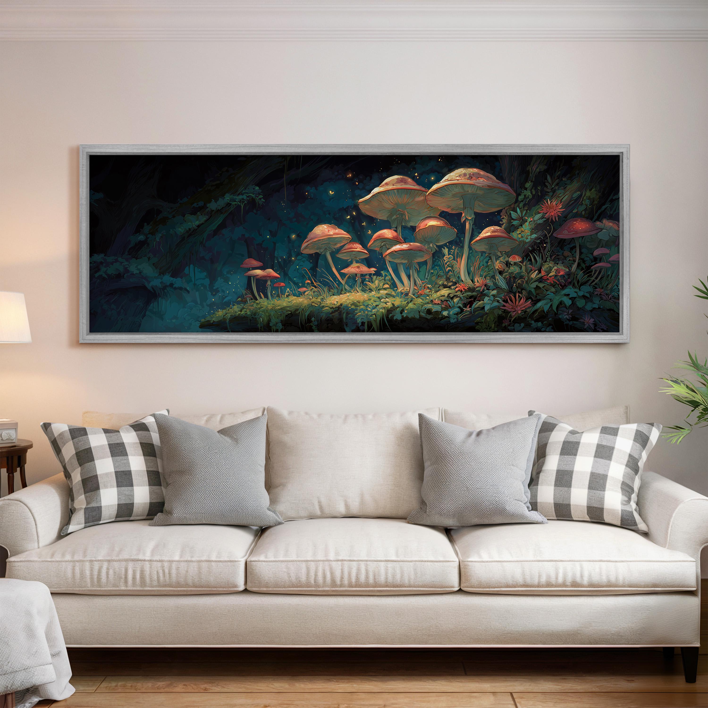 a large, framed painting of mushrooms on a wall above a white couch with gray and white plaid throw pillows.