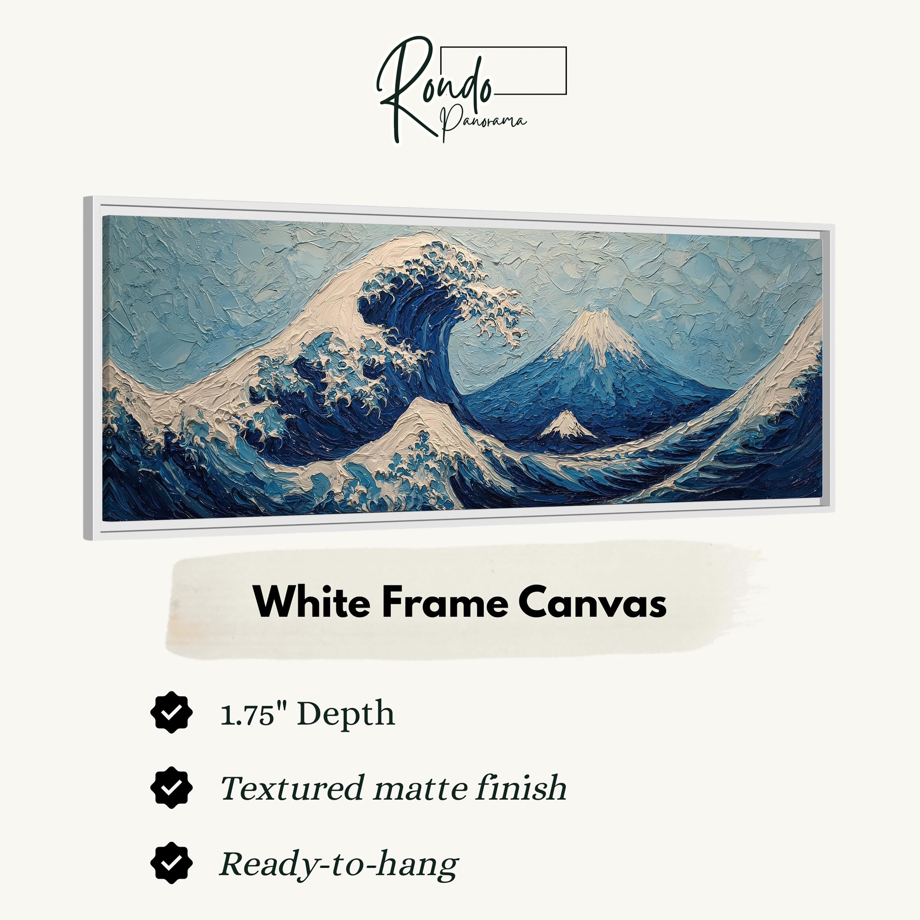 The image is a framed artwork depicting a large, textured wave with a mountain in the background.