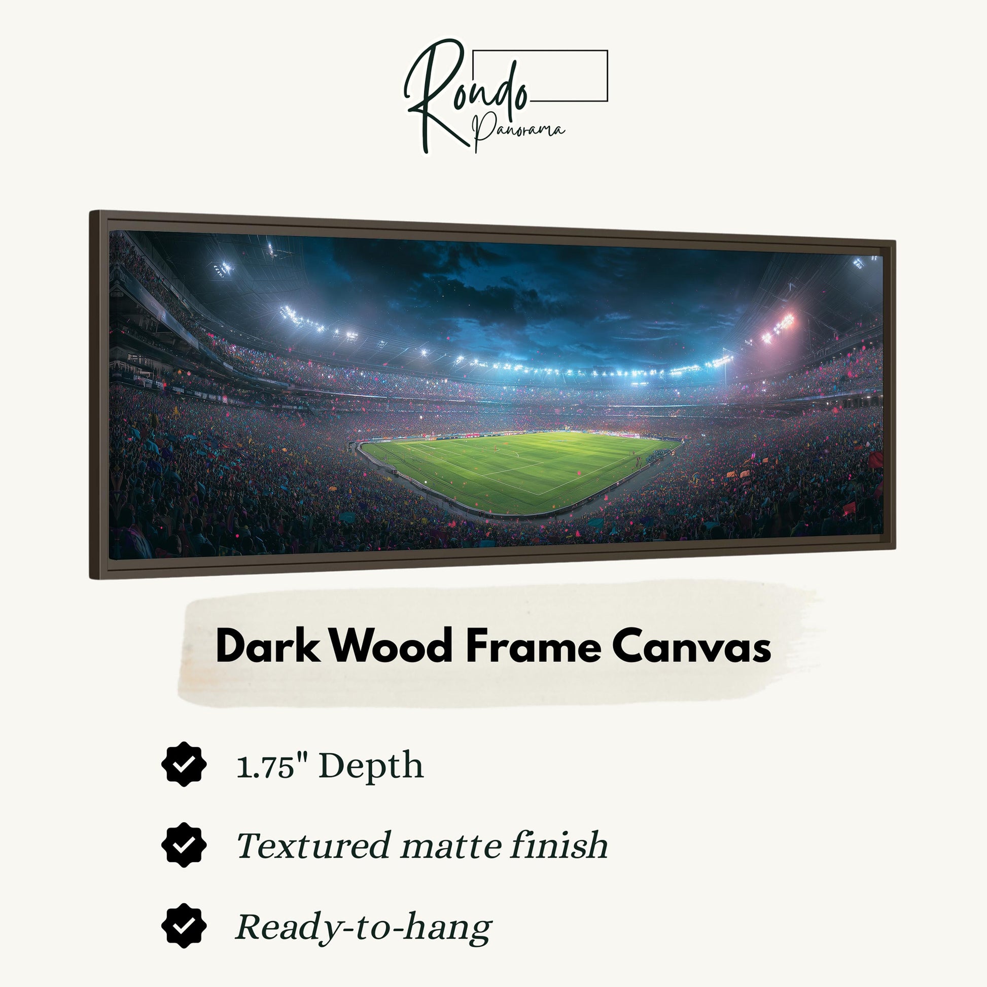 A dark wood frame canvas depicting a large, crowded baseball stadium at night with bright lights illuminating the field.