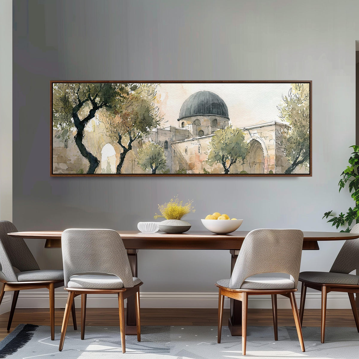 Old stone dome in a sketch style long horizontal canvas print above a dining table