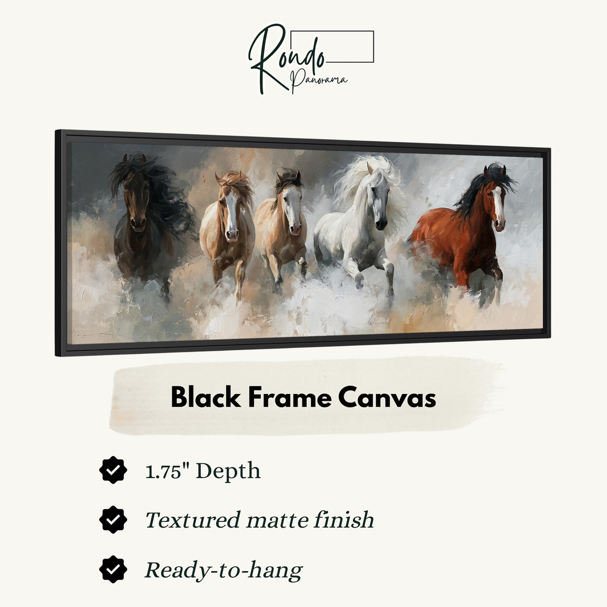 Five horses running through smoke canvas print in a black floating frame