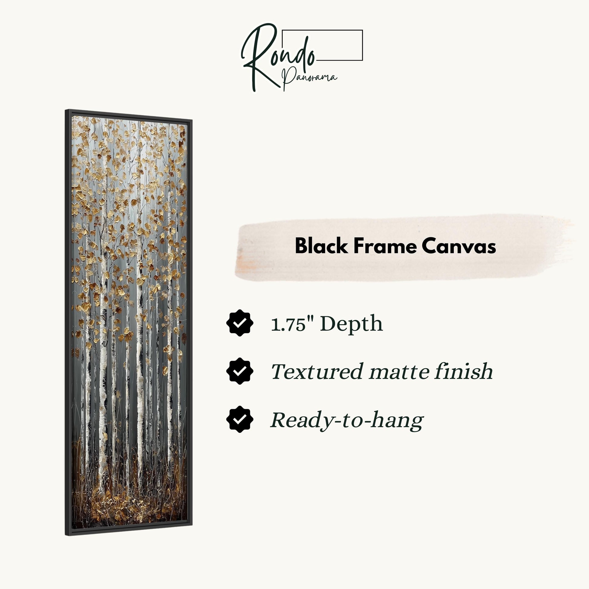 The image is a black frame canvas depicting a forest of tall trees with a textured matte finish.