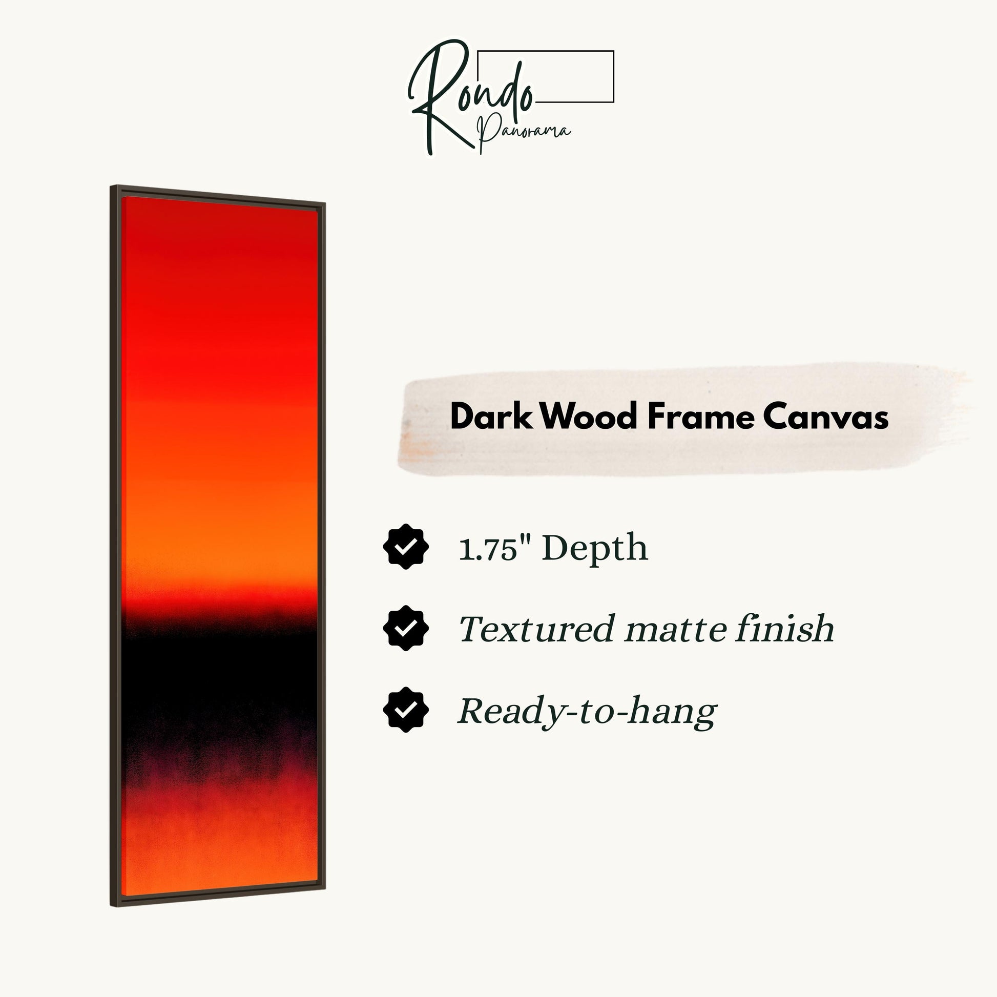The image is a product description for a dark wood frame canvas. It features a vertical red and black gradient, with a 1.75" depth and a textured matte finish. The canvas is ready to hang.