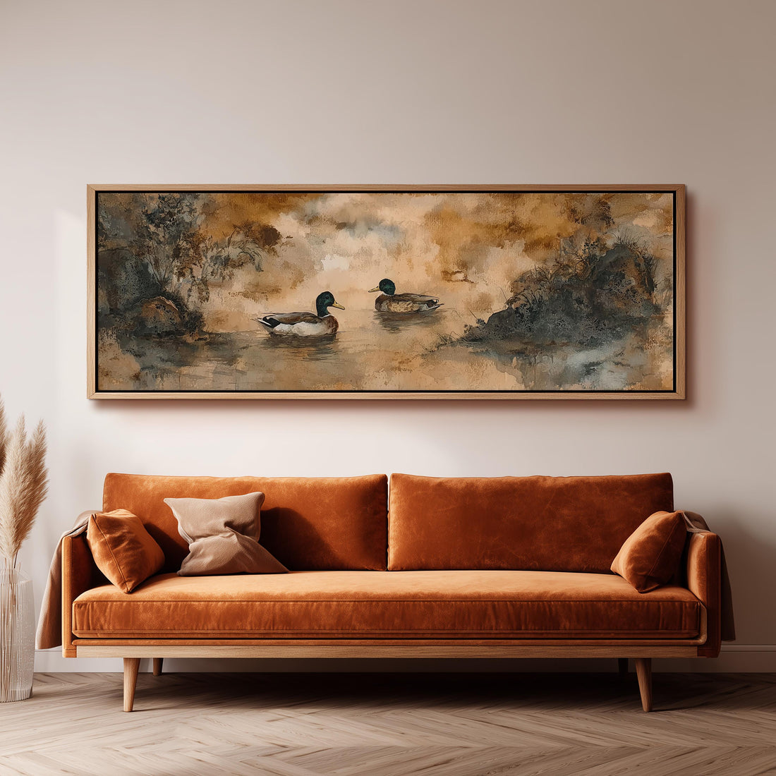 a dining room with a large painting of ducks on the wall above a wooden table with four chairs. The table is set with a bowl of fruit and a vase of flowers.