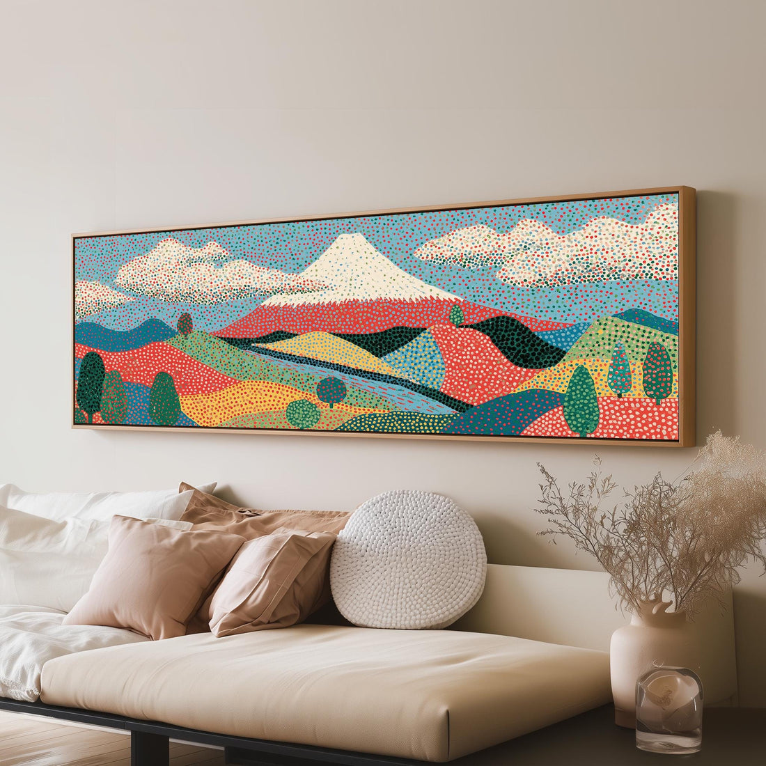 Mount Fuji above colorful hills long horizontal canvas print above a sofa in a living room