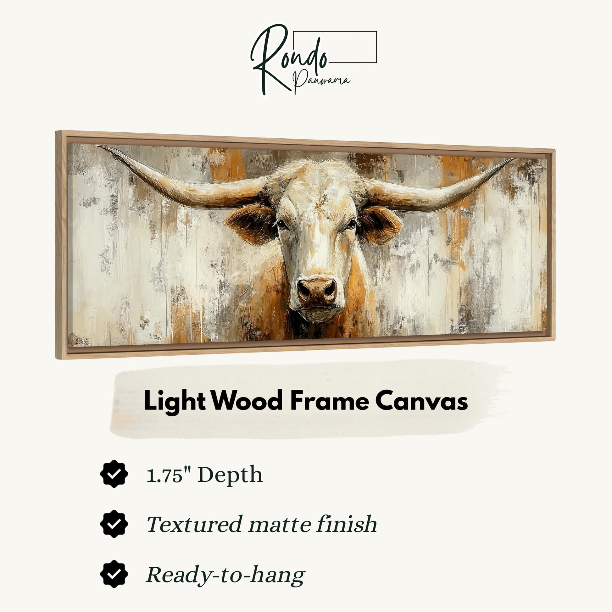 a close-up of a bull's head in a light wood frame canvas, with a text box providing details about the product.