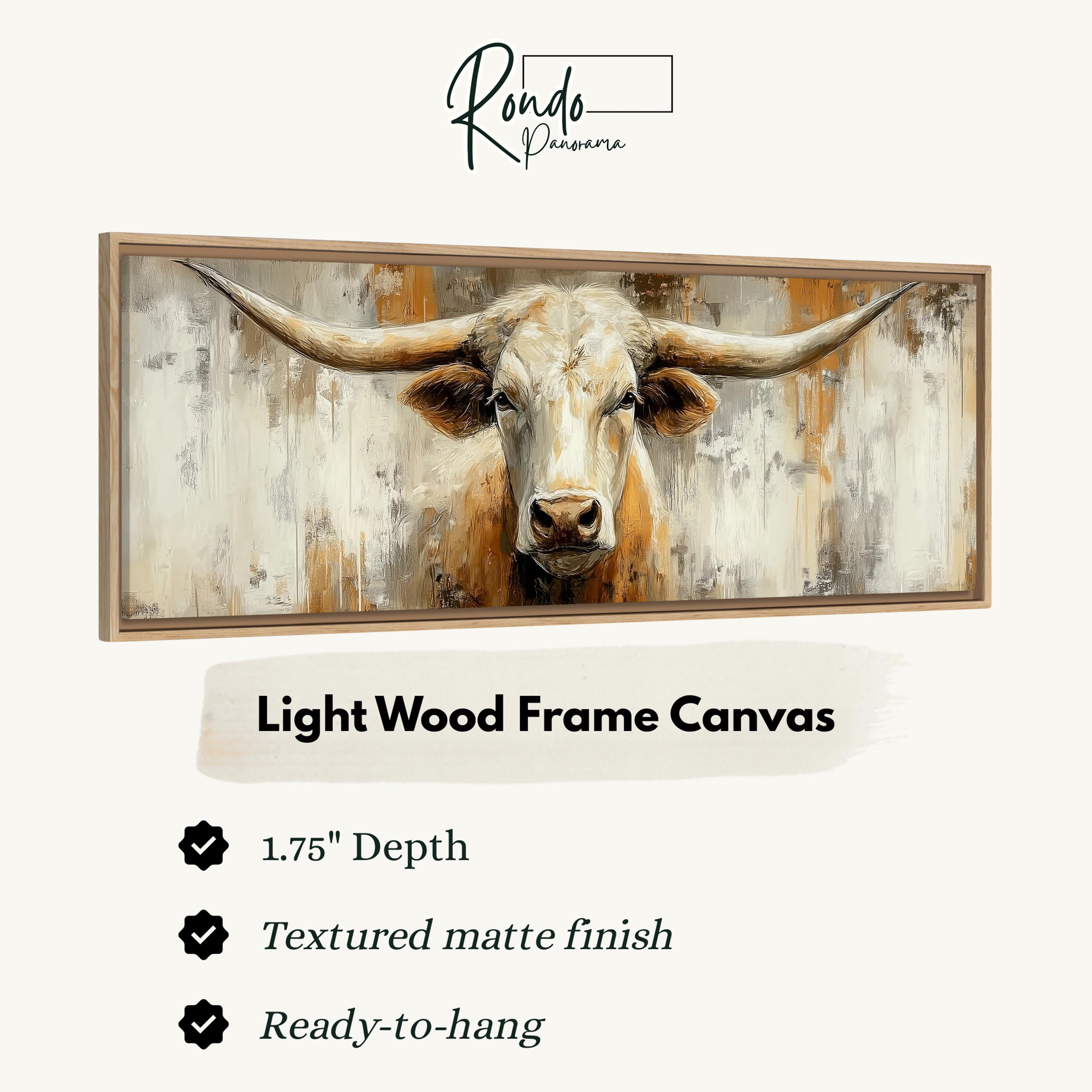 a close-up of a bull's head in a light wood frame canvas, with a text box providing details about the product.