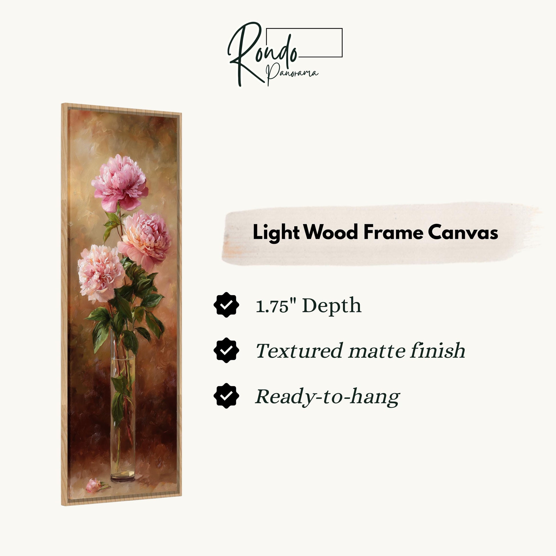 The image is a light wood frame canvas featuring a painting of three pink peonies in a vase.