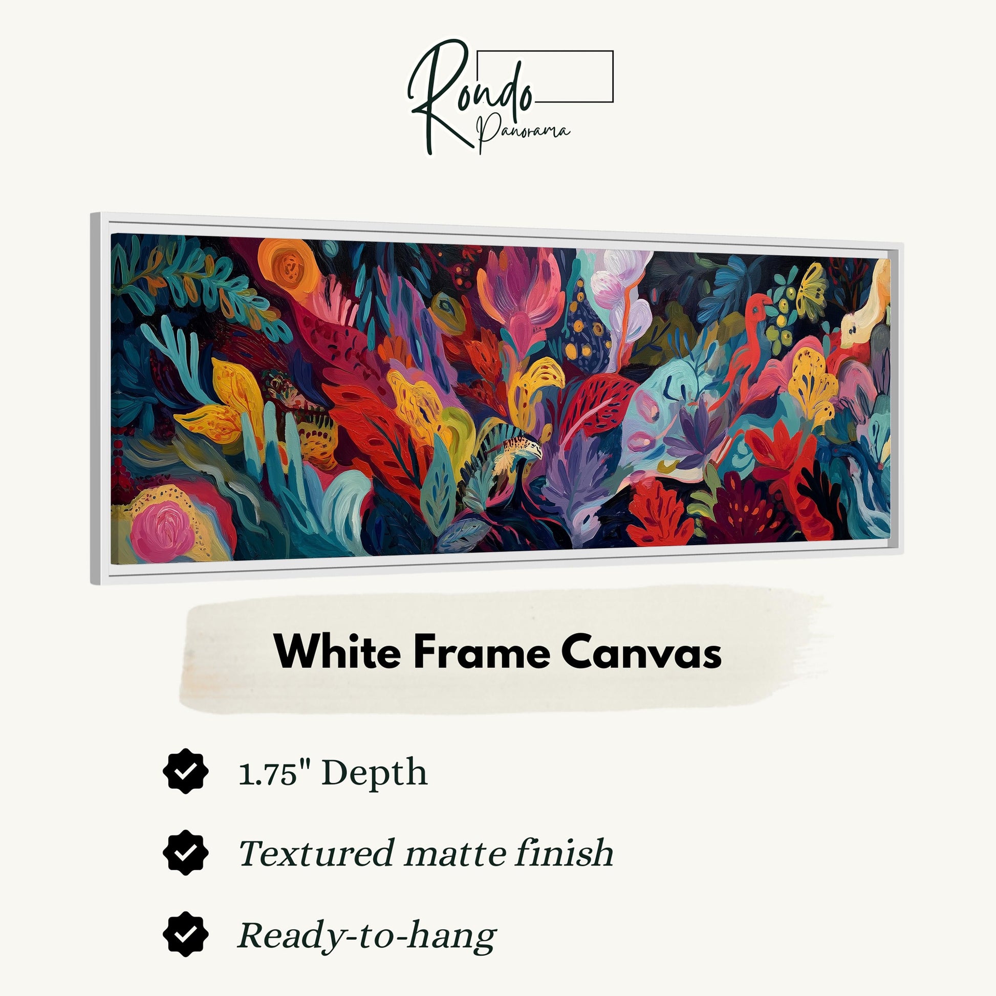 The image is a colorful abstract painting with various shades of blue, green, red, and yellow. The painting is framed in a white frame, and it is described as a "White Frame Canvas" with a "1.75" depth and a "Textured matte finish". The painting is ready to hang.