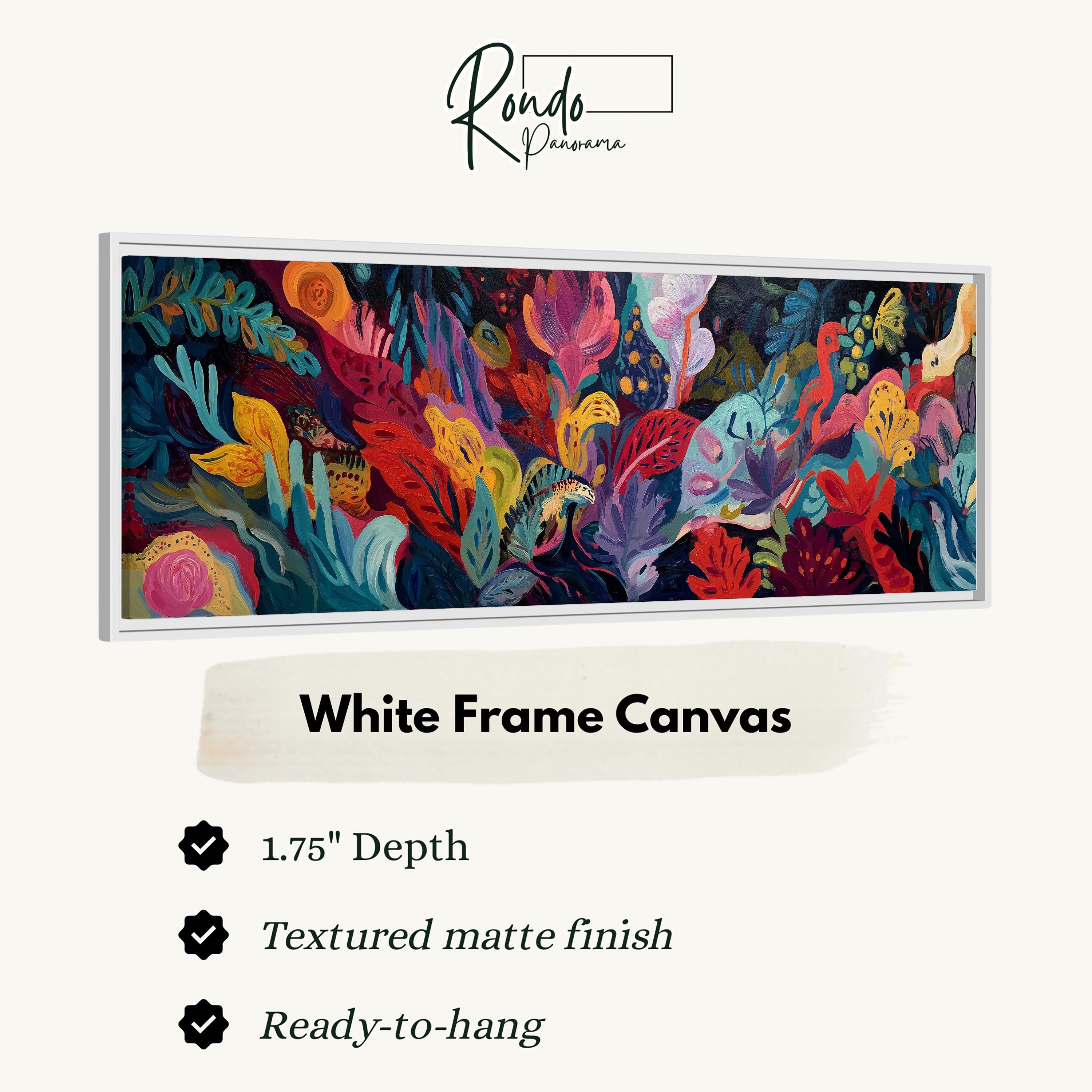 The image is a colorful abstract painting with various shades of blue, green, red, and yellow. The painting is framed in a white frame, and it is described as a "White Frame Canvas" with a "1.75" depth and a "Textured matte finish". The painting is ready to hang.
