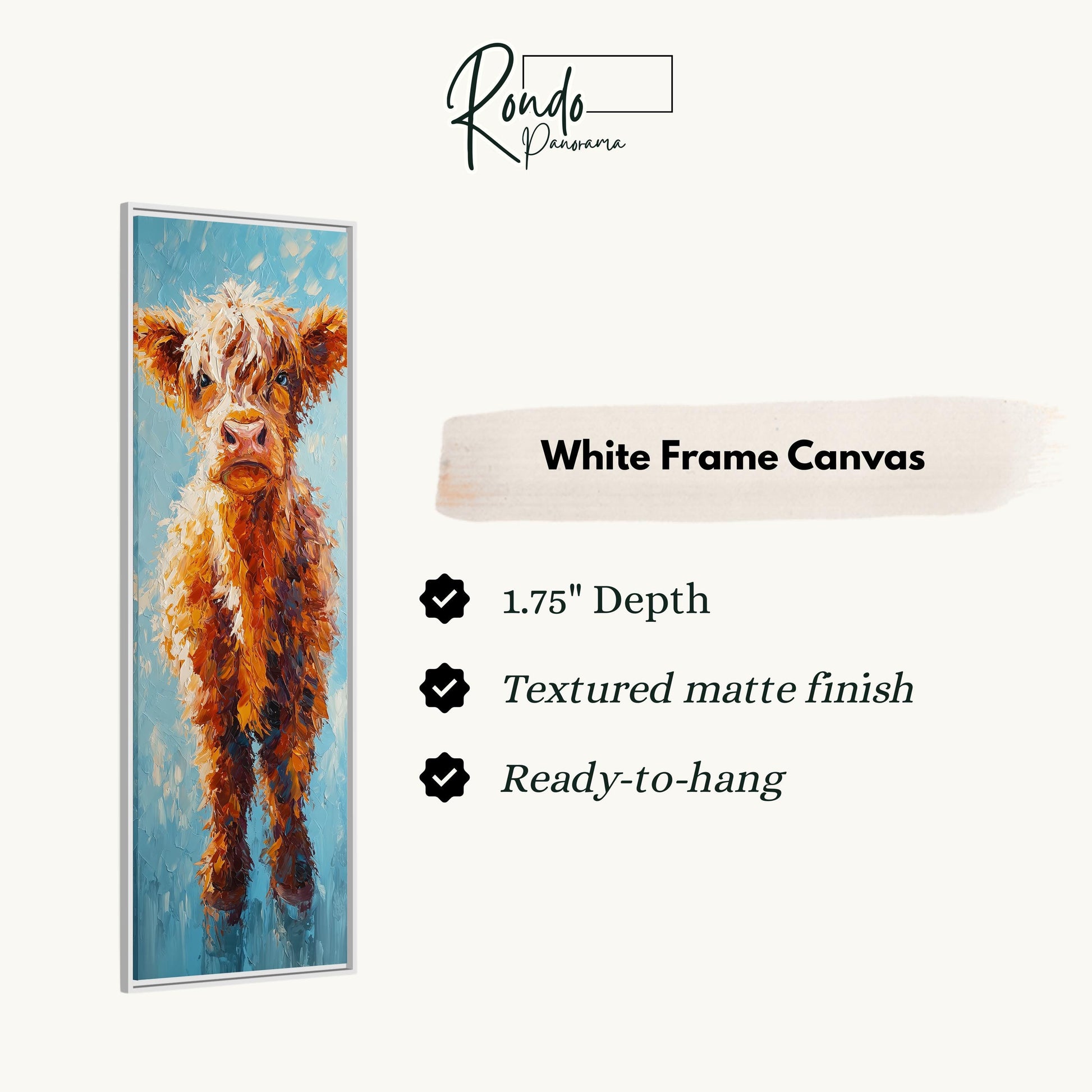The image is a white frame canvas featuring a painting of a brown cow.